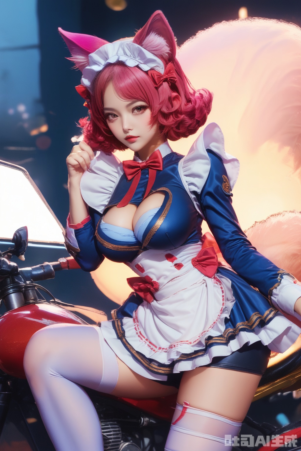 score_9,score_8_up,1girl, solo, breasts, looking at viewer, short hair, large breasts, thighhighs, long sleeves, dress, bow, animal ears, cleavage, pink hair, red hair, 
frill, cat ears, apron, red bow, white thighhighs, animal ear fluff, maid headdress, blue dress, bike shorts,  waist apron, white apron, realistic,
