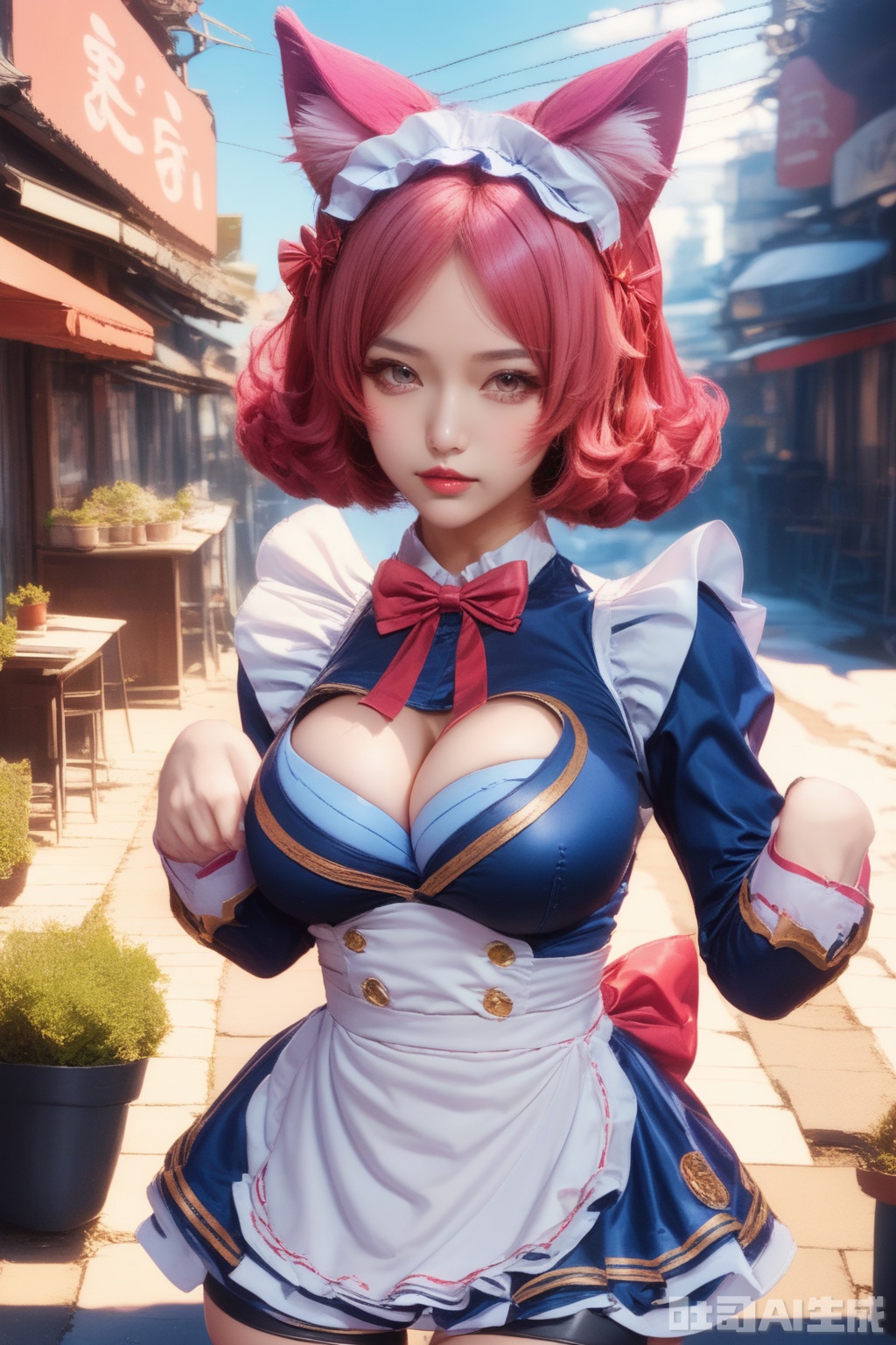 score_9,score_8_up,1girl, solo, breasts, looking at viewer, short hair, large breasts, thighhighs, long sleeves, dress, bow, animal ears, cleavage, pink hair, red hair, 
frill, cat ears, apron, red bow, white thighhighs, animal ear fluff, maid headdress, blue dress, bike shorts,  waist apron, white apron, realistic,
