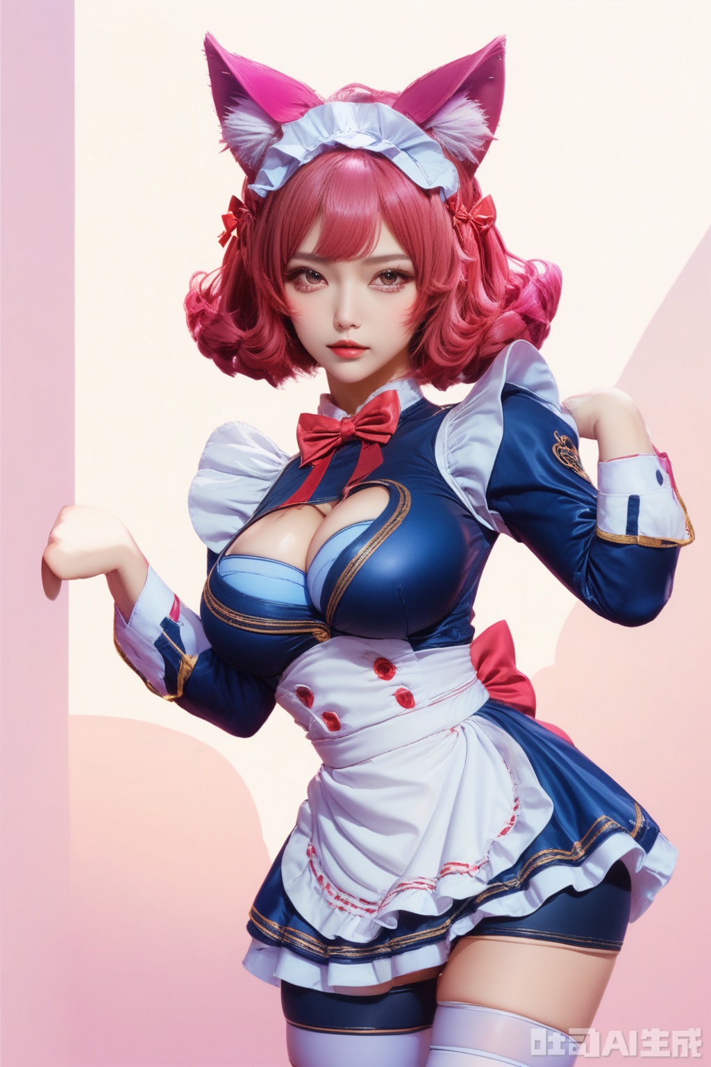 score_9,score_8_up,1girl, solo, breasts, looking at viewer, short hair, large breasts, thighhighs, long sleeves, dress, bow, animal ears, cleavage, pink hair, red hair, 
frill, cat ears, apron, red bow, white thighhighs, animal ear fluff, maid headdress, blue dress, bike shorts,  waist apron, white apron, realistic,
