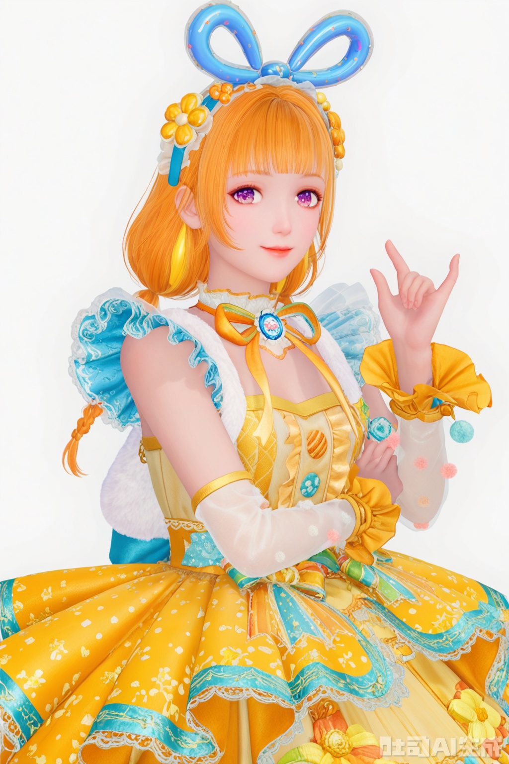 1girl, solo, looking at viewer, smile, bangs, blonde hair, simple background, hair ornament, white background, dress, bow, ribbon, jewelry, purple eyes, flower, earrings, detached sleeves, hair flower, blunt bangs, orange hair