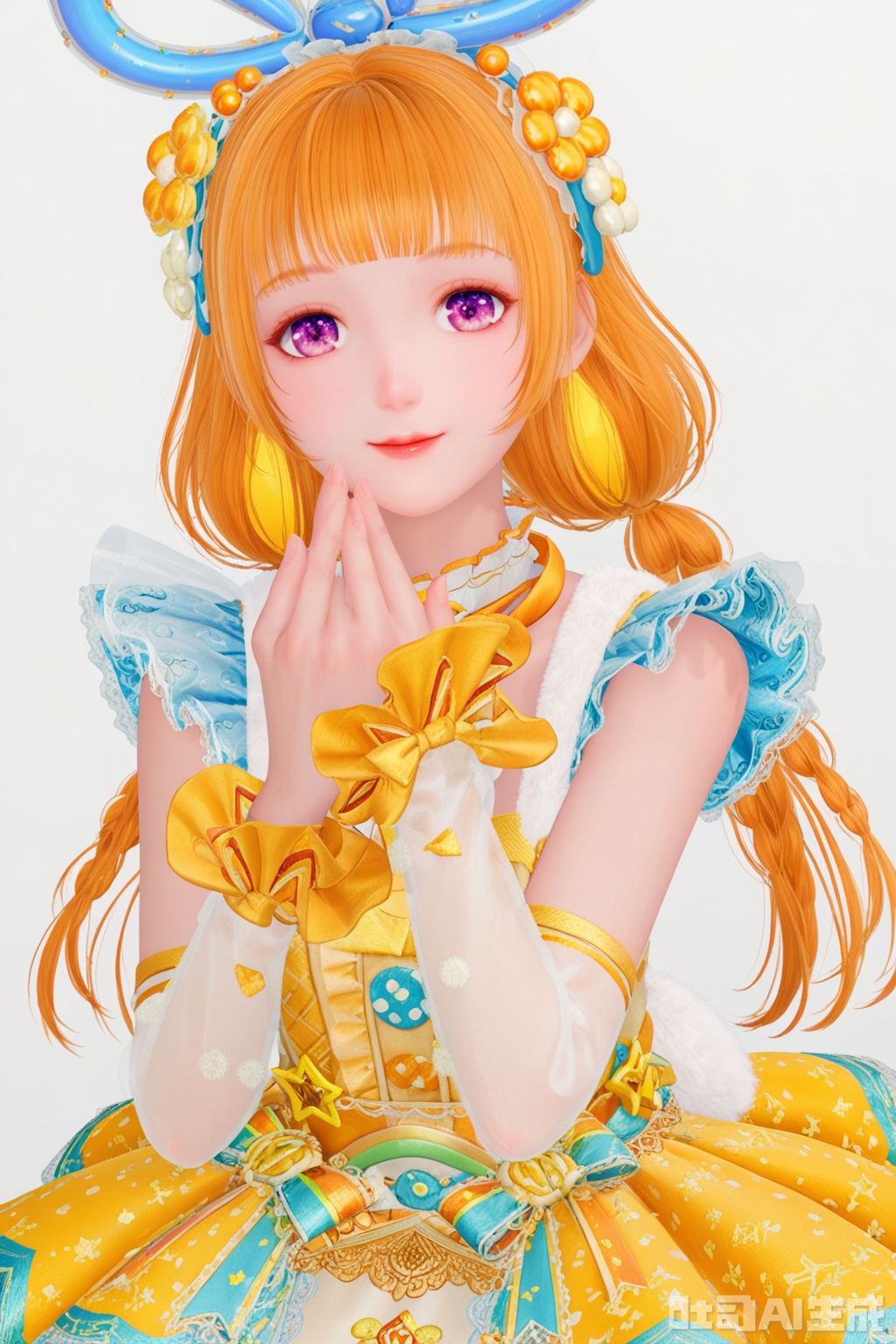 1girl, solo, looking at viewer, smile, bangs, blonde hair, simple background, hair ornament, white background, dress, bow, ribbon, jewelry, purple eyes, flower, earrings, detached sleeves, hair flower, blunt bangs, orange hair