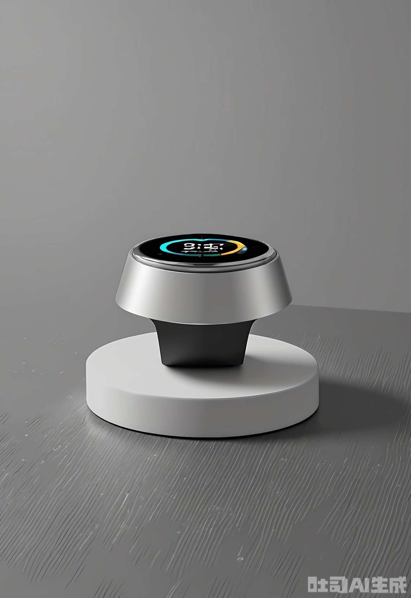 SMCJ, A cutting-edge silver smartwatch with a vibrant, circular OLED display, positioned on a sleek black marble countertop against a soft gray backdrop. The smartwatch features a sporty yet elegant design with interchangeable bands. The lighting highlights its advanced features, presenting it in a contemporary, tech-savvy manner. The neutral background keeps the focus on the product's innovative design.
