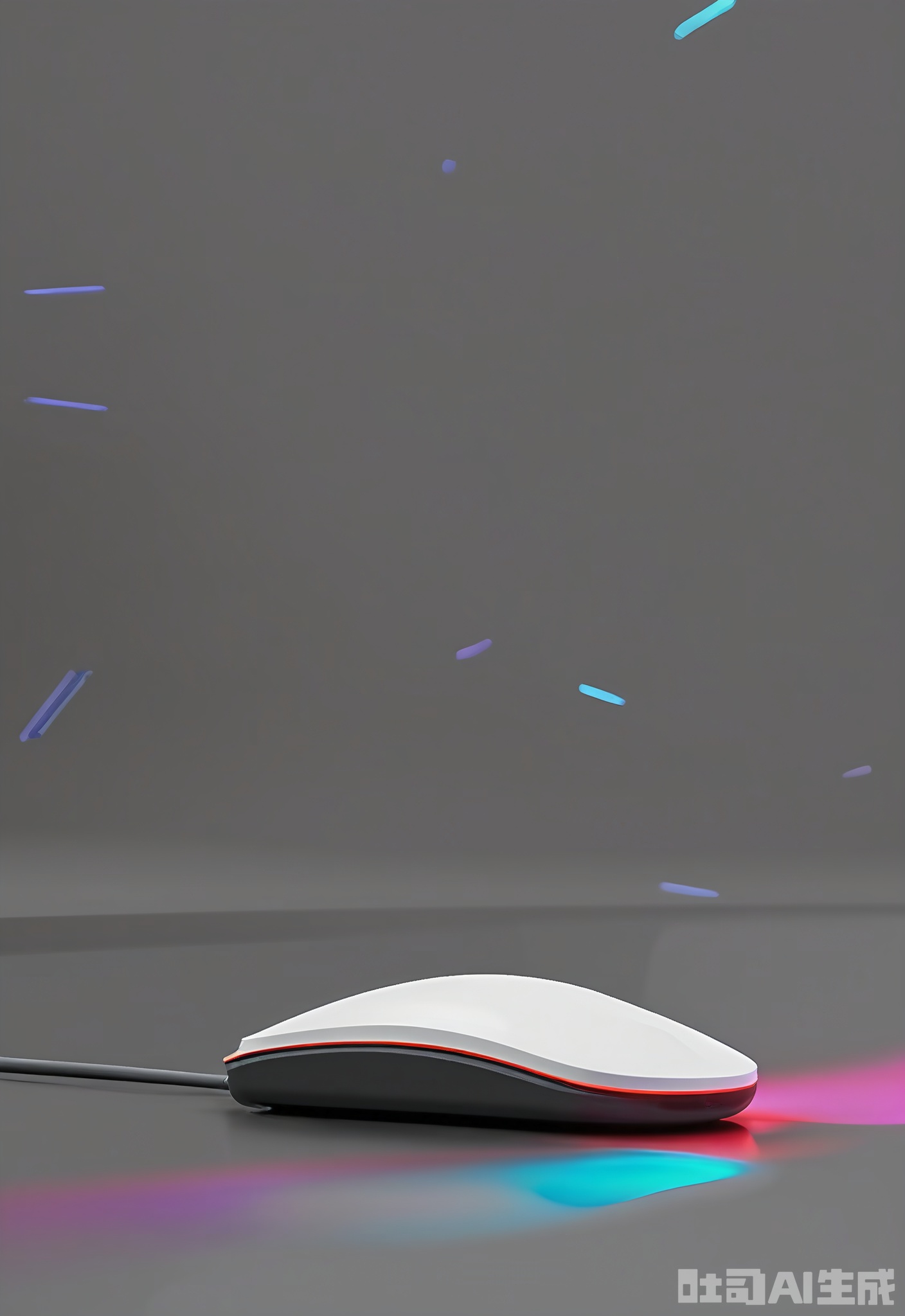 SMCJ, A high-performance wireless gaming mouse with customizable RGB lighting, placed on a dynamic, multicolored LED-lit desk against a dark, futuristic background. The mouse boasts an ergonomic shape with tactile buttons. The vibrant lighting accentuates its gaming-centric features, creating an immersive visual experience. The dark backdrop enhances the mouse's striking appearance.
