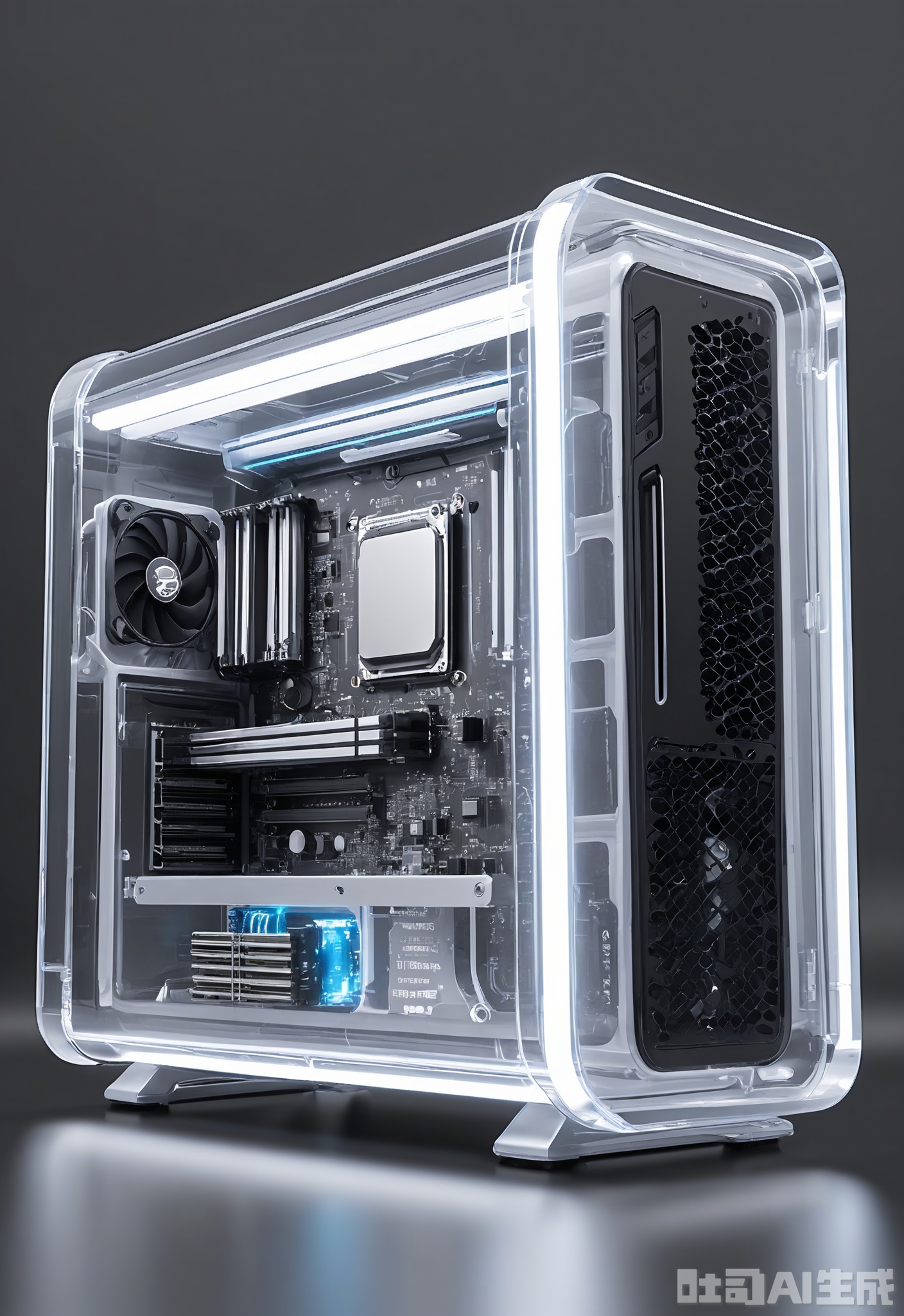 SMCJ, A high-performance graphics card with advanced cooling technology, installed in a transparent PC case against a dark, neon-lit background. The graphics card delivers exceptional gaming and rendering performance. The transparent case showcases its internal components. The neon lighting adds a futuristic, gaming-centric vibe.
