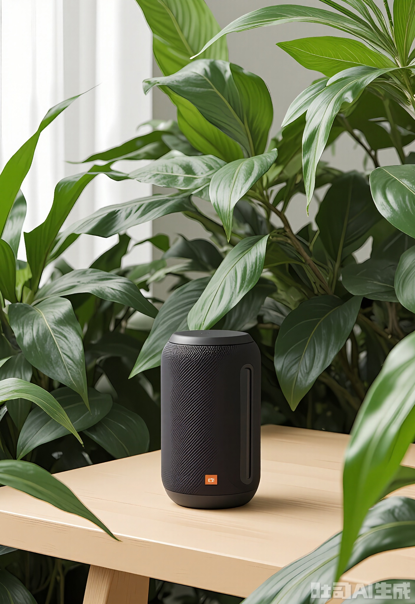 SMCJ, A premium portable Bluetooth speaker with a compact, cylindrical design, resting on a wooden surface amidst a lush, green indoor plant setting. The speaker delivers rich, clear sound and has a durable fabric exterior. The natural lighting and greenery create a refreshing, eco-friendly ambiance. The wooden surface adds warmth and a touch of nature to the scene.

