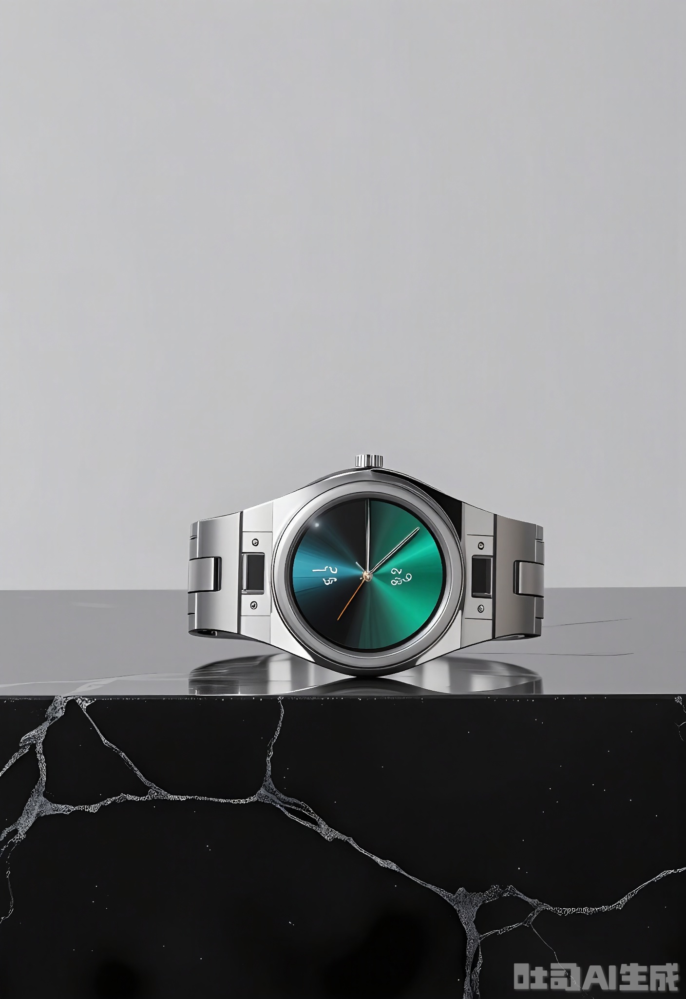 SMCJ, A cutting-edge silver smartwatch with a vibrant, circular OLED display, positioned on a sleek black marble countertop against a soft gray backdrop. The smartwatch features a sporty yet elegant design with interchangeable bands. The lighting highlights its advanced features, presenting it in a contemporary, tech-savvy manner. The neutral background keeps the focus on the product's innovative design.
