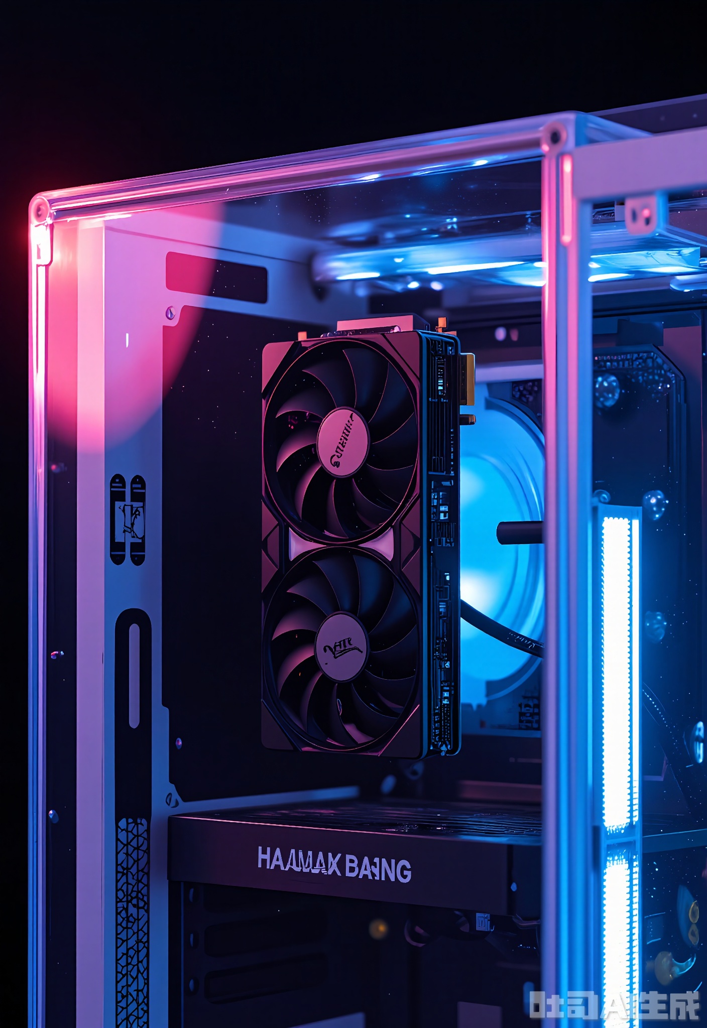 SMCJ, A high-performance graphics card with advanced cooling technology, installed in a transparent PC case against a dark, neon-lit background. The graphics card delivers exceptional gaming and rendering performance. The transparent case showcases its internal components. The neon lighting adds a futuristic, gaming-centric vibe.
