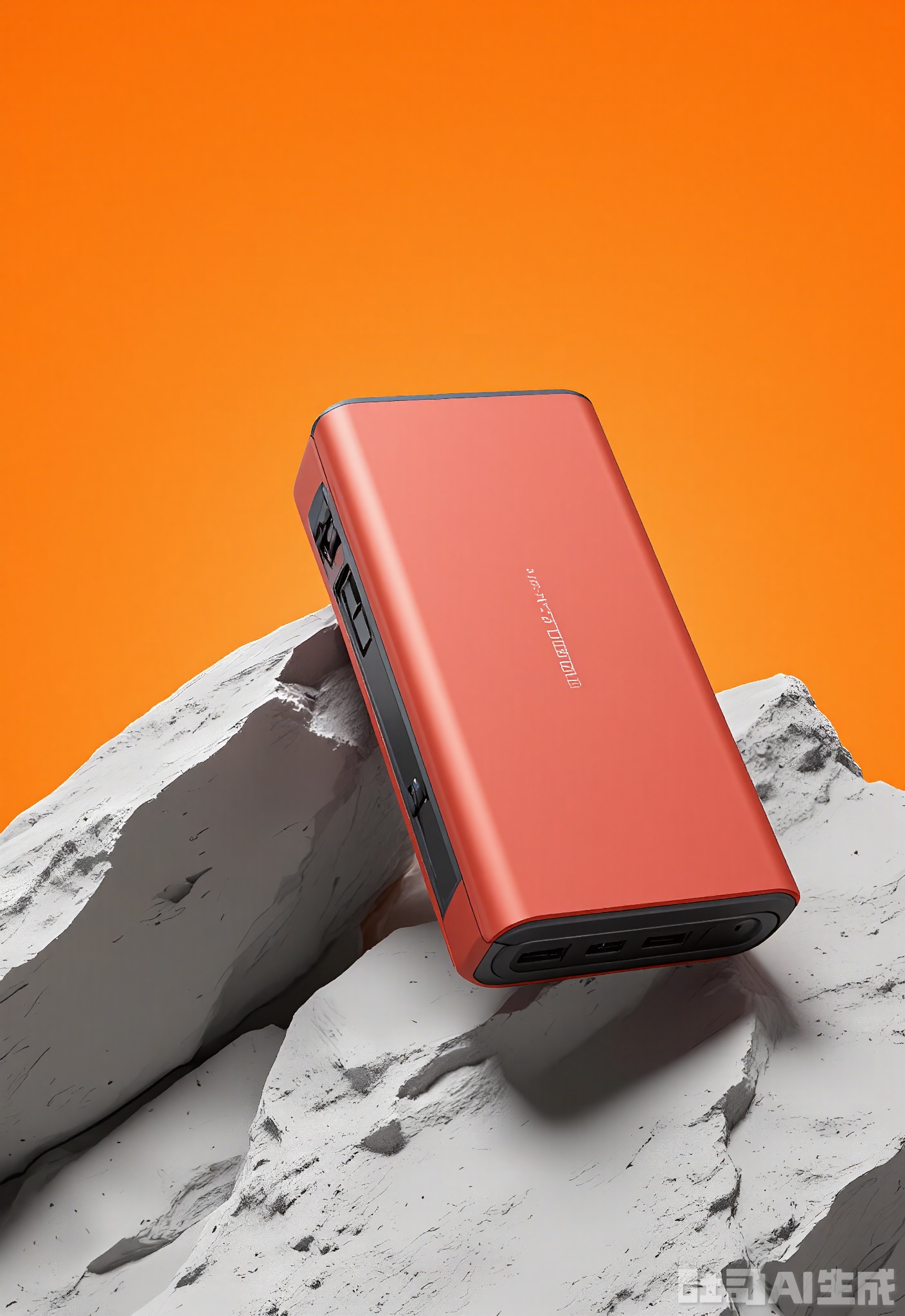 SMCJ, A powerful portable power bank with a high-capacity battery, lying on a textured, gray concrete surface against a vibrant orange backdrop. The power bank features multiple charging ports and a durable, rugged design. The contrasting colors make the product stand out. The concrete surface adds an industrial, robust feel.
