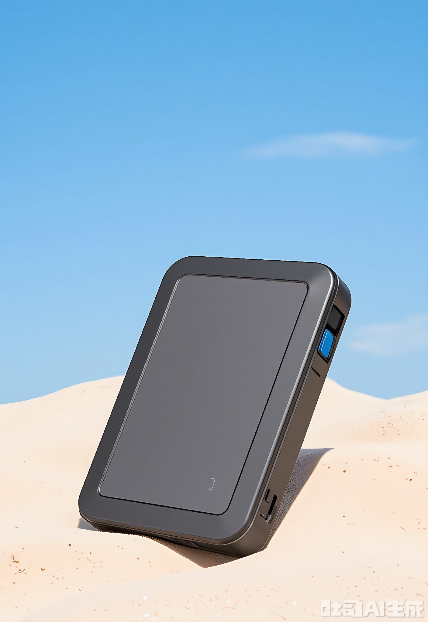 SMCJ, A high-capacity external hard drive with a rugged, shock-resistant design, lying on a sandy beach against a blue sky backdrop. The hard drive offers ample storage space and has a durable, waterproof casing. The beach setting adds a sense of adventure. The blue sky creates a refreshing, open atmosphere.
