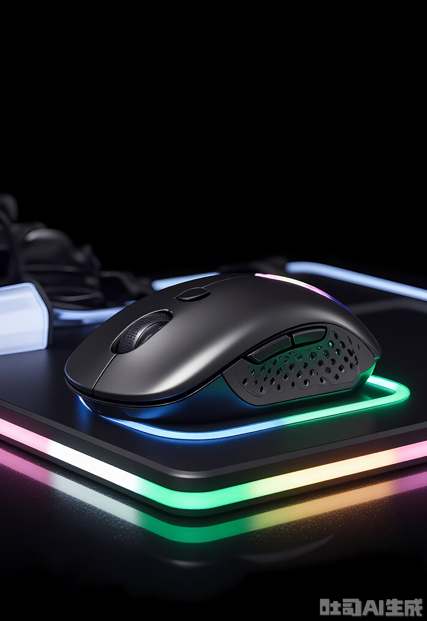 SMCJ, A high-performance wireless gaming mouse with customizable RGB lighting, placed on a dynamic, multicolored LED-lit desk against a dark, futuristic background. The mouse boasts an ergonomic shape with tactile buttons. The vibrant lighting accentuates its gaming-centric features, creating an immersive visual experience. The dark backdrop enhances the mouse's striking appearance.
