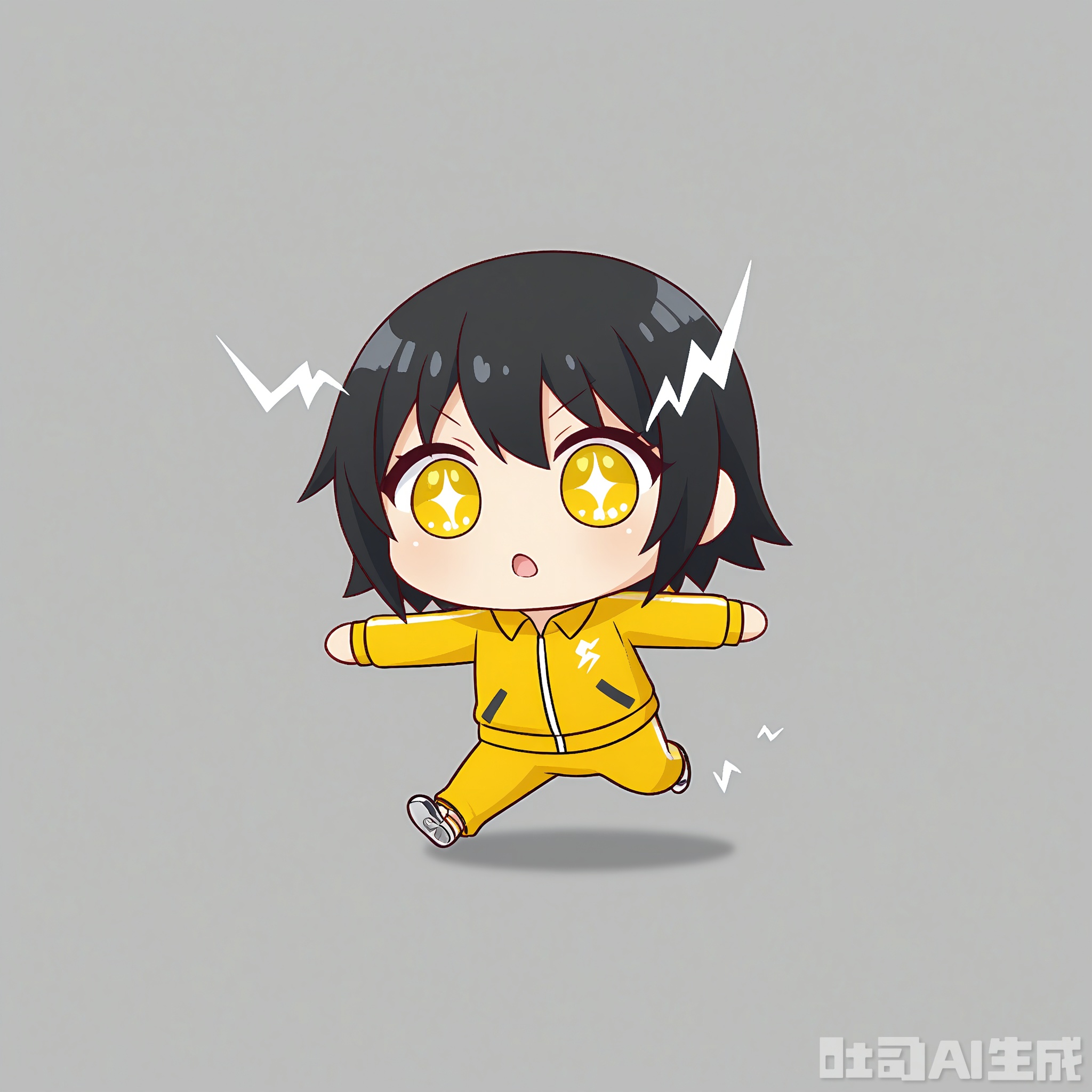 KACX, Digital drawing of a chibi-style character, Usain Bolt, in a track suit and running shoes, with a triumphant expression and short black hair. The background is a solid sunny yellow color with two small white lightning bolts on either side of the character. The character has a small, round body and big, energetic eyes, typical of chibi art. The drawing is simple and cute, with bold outlines and minimal shading.
