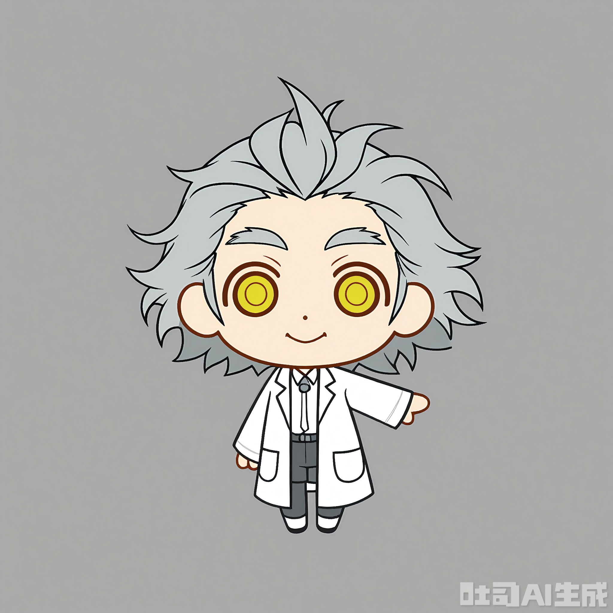 KACX, Digital drawing of a chibi-style character, Albert Einstein, in a white lab coat and wild gray hair, with a mischievous smile and bushy eyebrows. The background is a solid light yellow color with two small white atoms on either side of the character. The character has a small, round body and large, curious eyes, typical of chibi art. The drawing is simple and cute, with bold outlines and minimal shading.