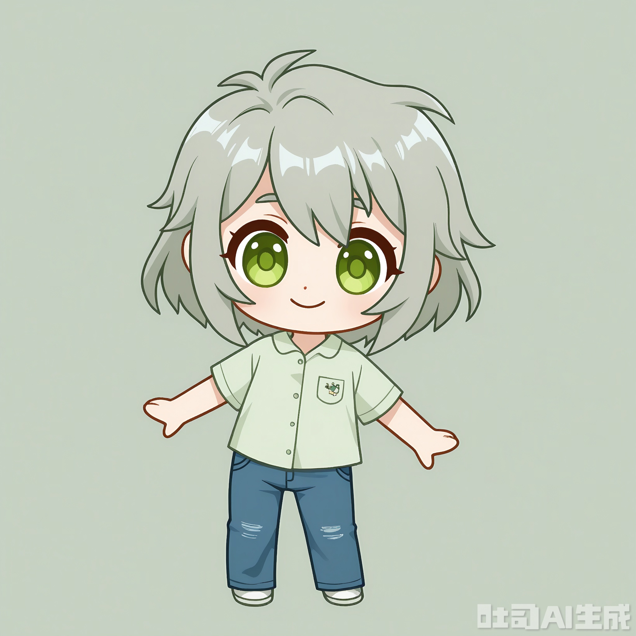KACX, Digital drawing of a chibi-style character, Bill Gates, in a casual shirt and jeans, with a friendly smile and short gray hair. The background is a solid light green color with two small white computer icons on either side of the character. The character has a small, round body and large, innovative eyes, typical of chibi art. The drawing is simple and cute, with bold outlines and minimal shading.