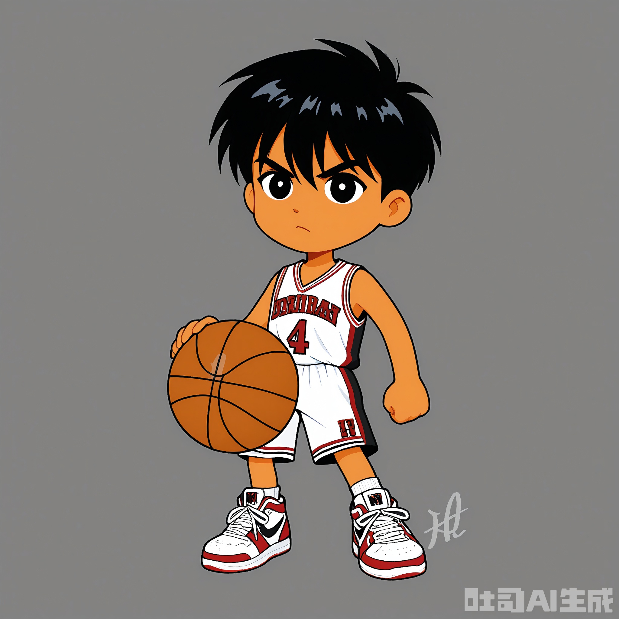 KACX, Digital drawing of a chibi-style character, Michael Jordan, in a basketball uniform and sneakers, with a competitive look and short black hair. The background is a solid orange color with two small white basketballs on either side of the character. The character has a small, round body and big, determined eyes, typical of chibi art. The drawing is simple and cute, with bold outlines and minimal shading.

