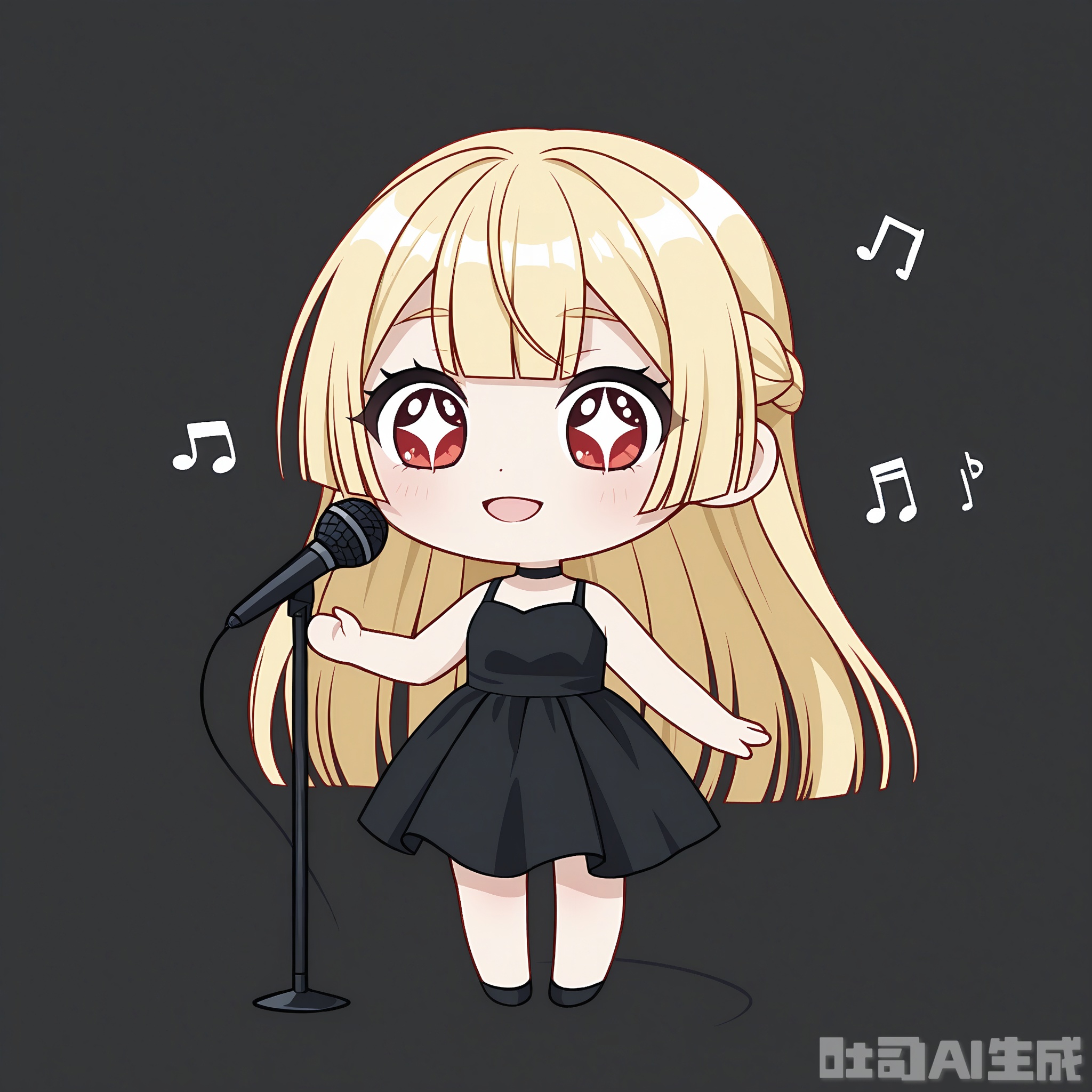 KACX, Digital drawing of a chibi-style character, Adele, in a elegant black dress and with a microphone, with a soulful expression and long blonde hair. The background is a solid deep red color with two small white musical notes on either side of the character. The character has a small, round body and big, emotional eyes, typical of chibi art. The drawing is simple and cute, with bold outlines and minimal shading.