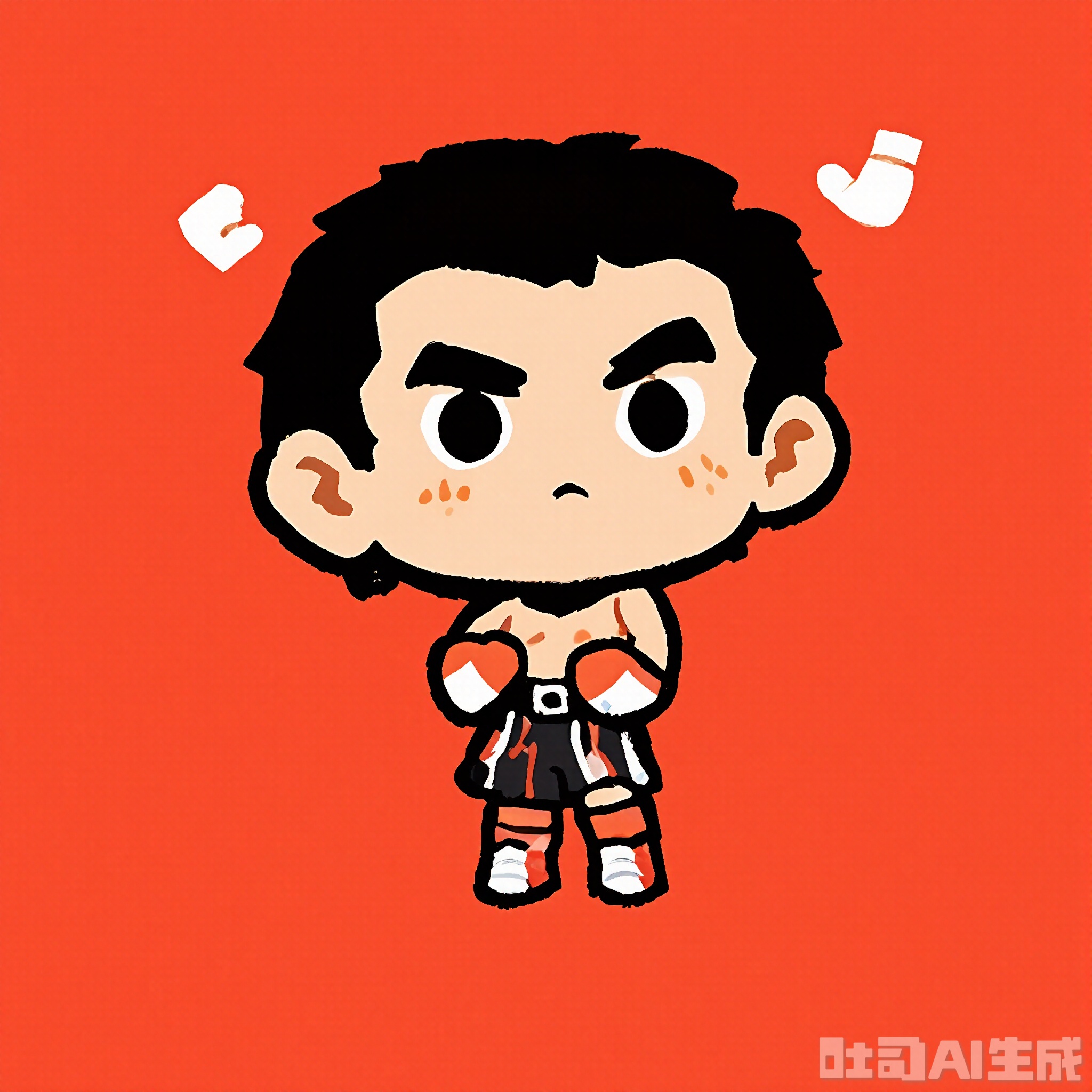 KACX, Digital drawing of a chibi-style character, Muhammad Ali, in a boxing outfit and gloves, with a confident stance and short black hair. The background is a solid bright red color with two small white boxing gloves on either side of the character. The character has a small, round body and big, powerful eyes, typical of chibi art. The drawing is simple and cute, with bold outlines and minimal shading.

