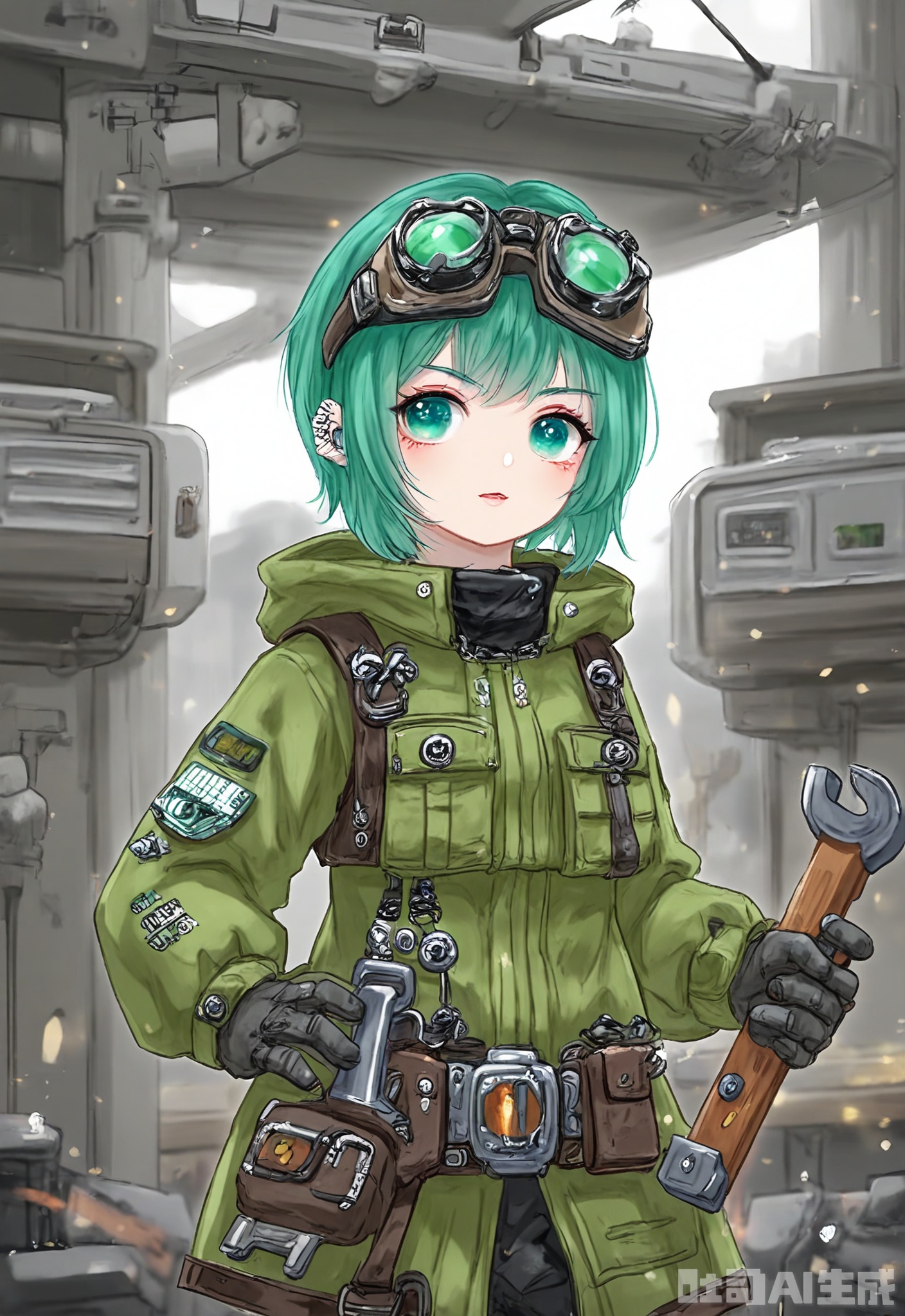 KANH, Digital drawing of a cute anime girl with short, teal green hair styled in a pixie cut with spikes, wearing a green and black mechanic's outfit with a tool belt and goggles, standing in a busy garage filled with cars and tools. She has large, determined green eyes, robot ears on her head, and a wrench. The background is industrial and active, with a sense of innovation and repair.
