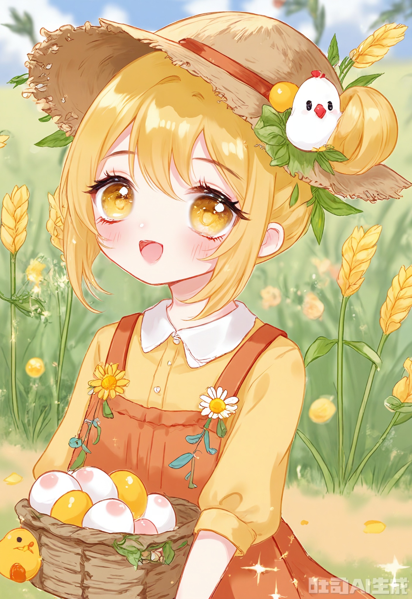 KANH, Digital drawing of a cute anime girl with curly, sunny yellow hair tied up in a high bun, wearing a yellow and orange farmer's outfit with overalls and a straw hat, standing in a sunny farm field with crops growing and chickens running around. She has large, happy yellow eyes, chicken ears on her head, and a basket of eggs. The background is bright and cheerful, with a sense of hard work and reward.
