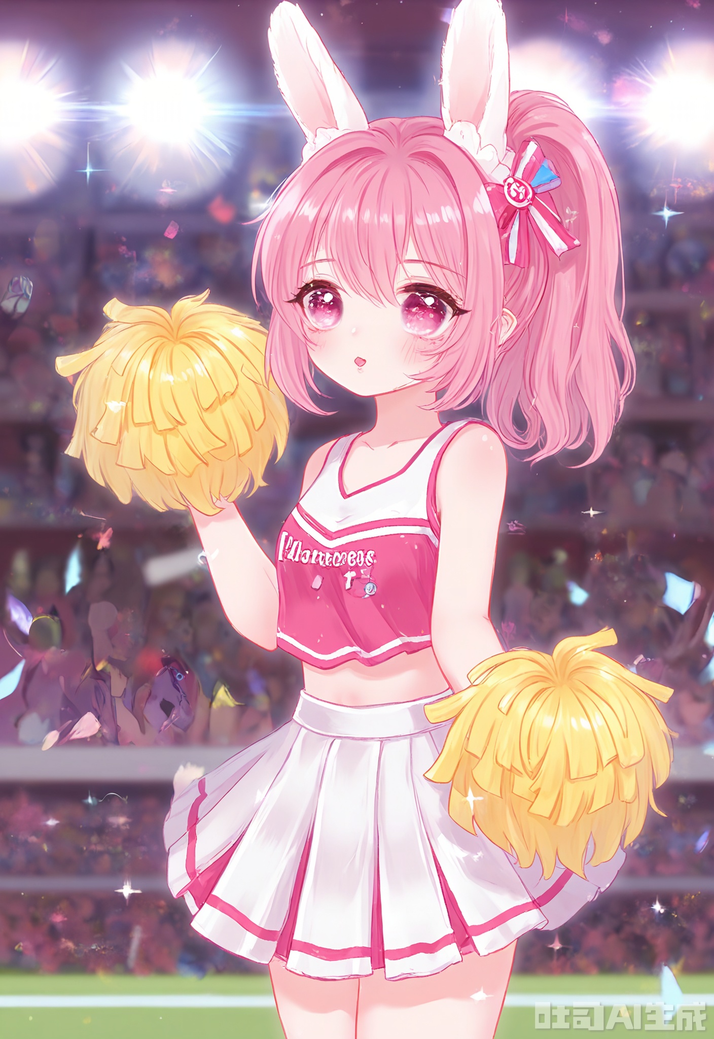 KANH, Digital drawing of a cute anime girl with wavy, coral pink hair styled in a high ponytail, wearing a pink and white cheerleader outfit with pom-poms, standing on a sports field with a cheering crowd in the background. She has large, energetic pink eyes, rabbit ears on her head, and a megaphone. The background is lively and vibrant, with a sense of team spirit and enthusiasm.
