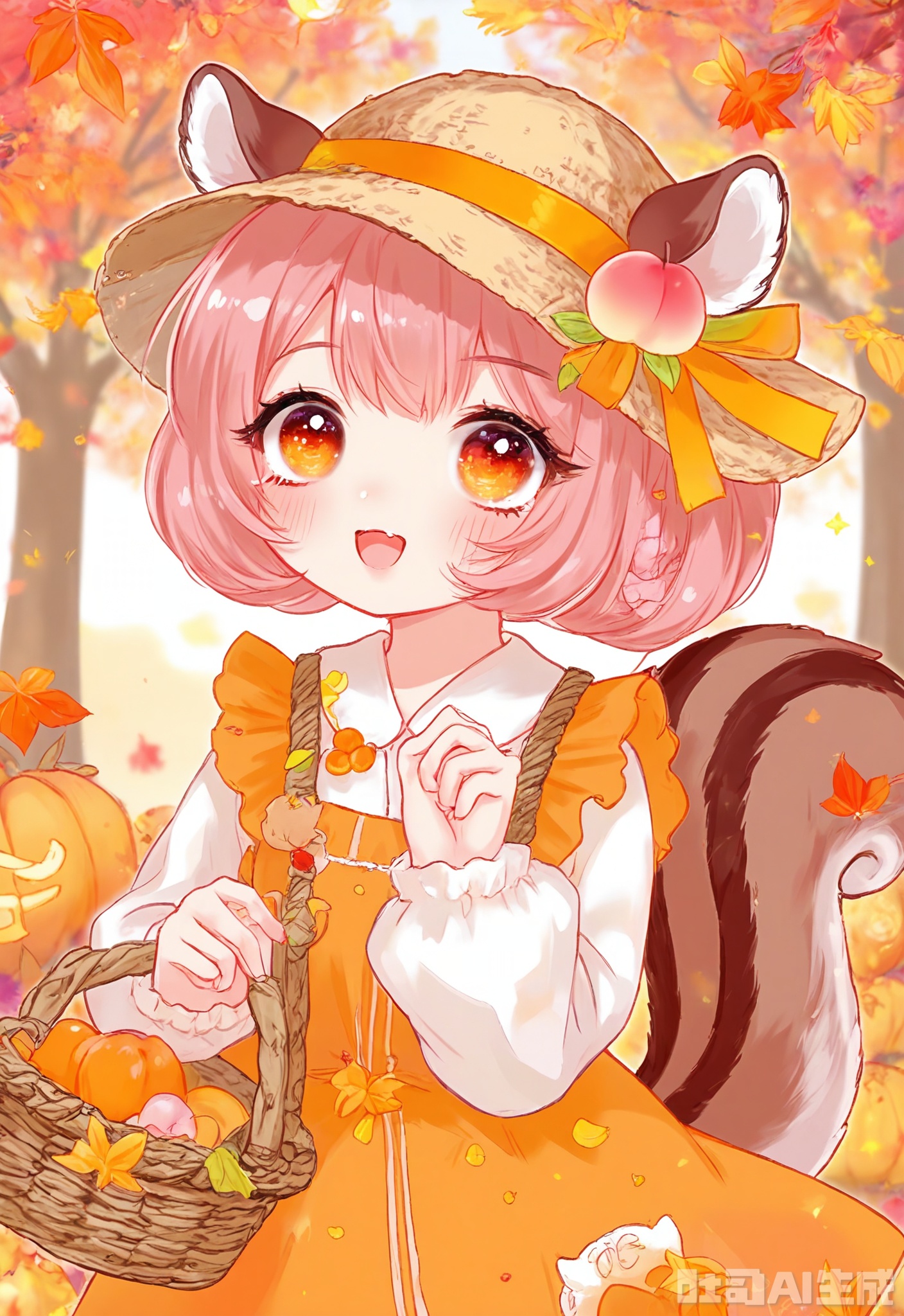 KANH, Digital drawing of a cute anime girl with curly, peach-colored hair tied up in a messy bun, wearing a yellow and orange harvest outfit with a straw hat and overalls, standing in a bountiful autumn field filled with pumpkins and colorful leaves. She has large, cheerful orange eyes, squirrel ears on her head, and a basket of apples. The background is vibrant with fall colors and a crisp, cool atmosphere.
