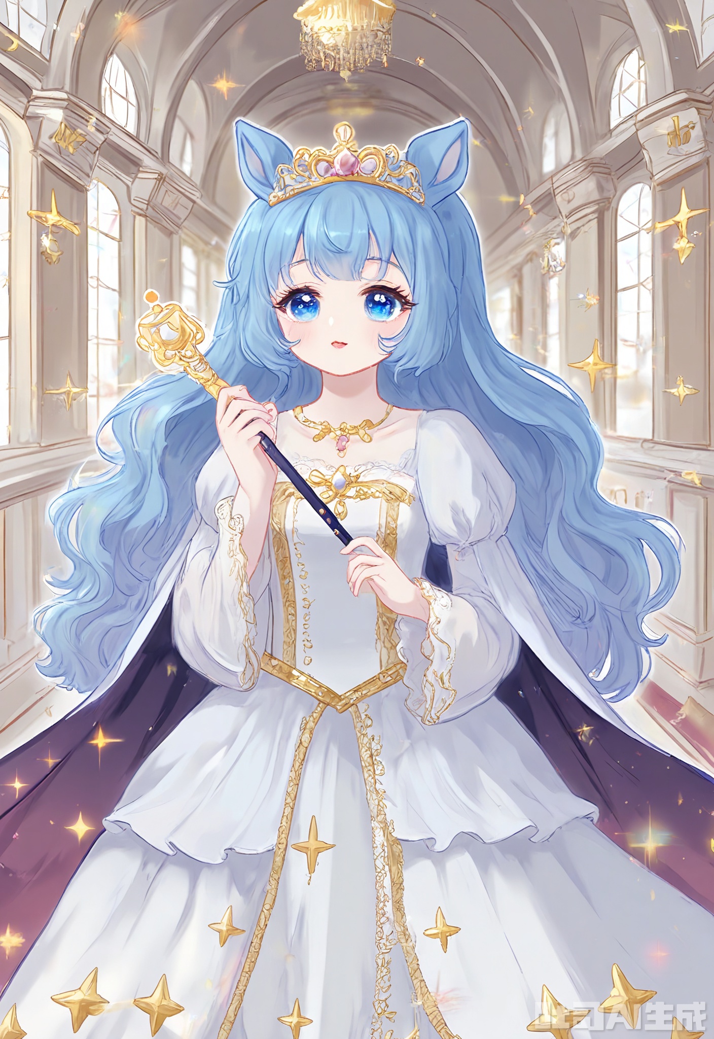 KANH, Digital drawing of a cute anime girl with long, deep blue hair flowing freely, wearing a white and gold princess gown with a flowing cape and a tiara, standing in a grand castle hallway with ornate decorations and chandeliers. She has large, regal blue eyes, unicorn ears on her head, and a sparkling wand. The background is opulent and majestic, with a sense of royalty and elegance.
