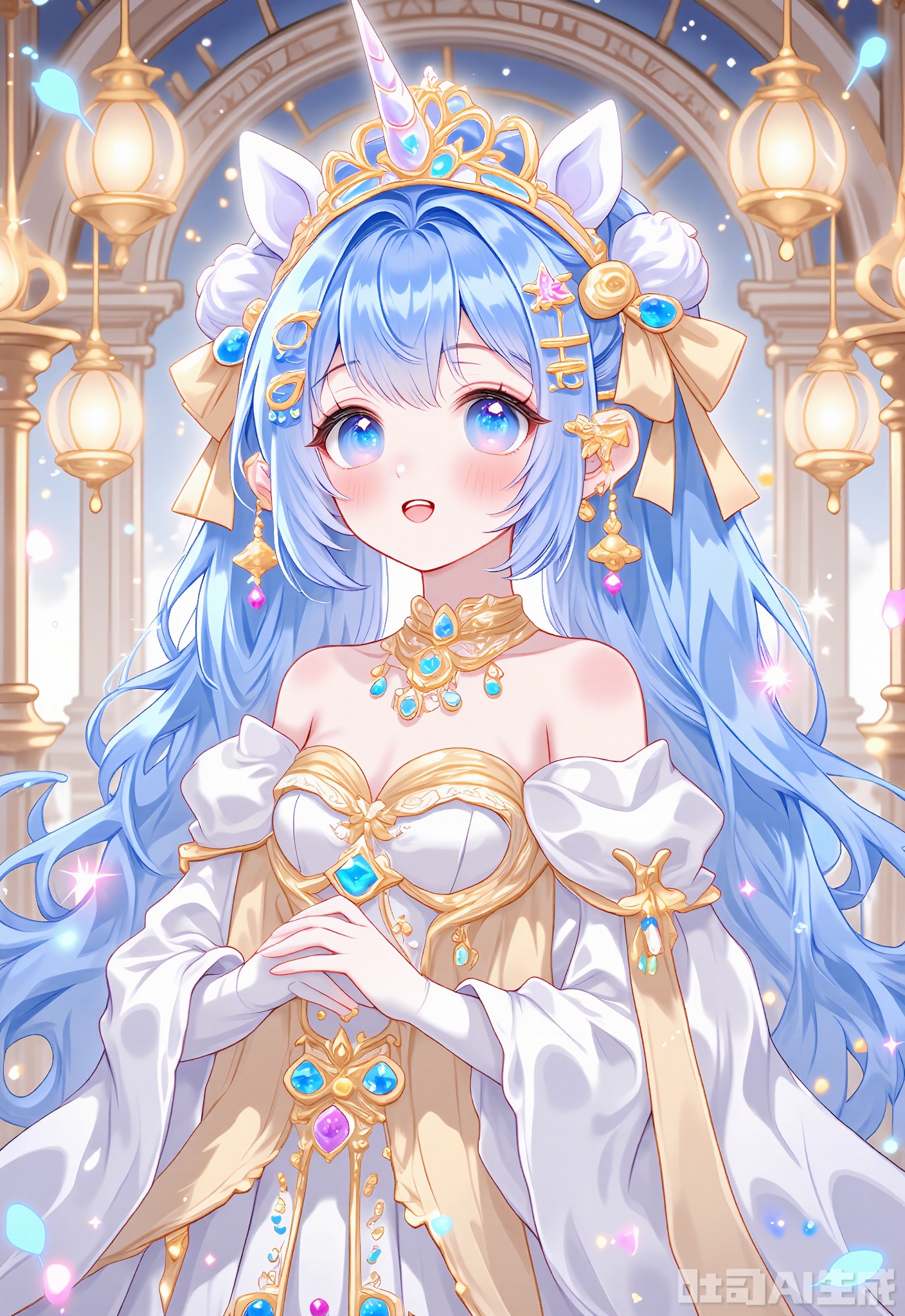 KANH, Digital drawing of a cute anime girl with long, deep blue hair flowing freely, wearing a white and gold princess gown with a flowing cape and a tiara, standing in a grand castle hallway with ornate decorations and chandeliers. She has large, regal blue eyes, unicorn ears on her head, and a sparkling wand. The background is opulent and majestic, with a sense of royalty and elegance.
