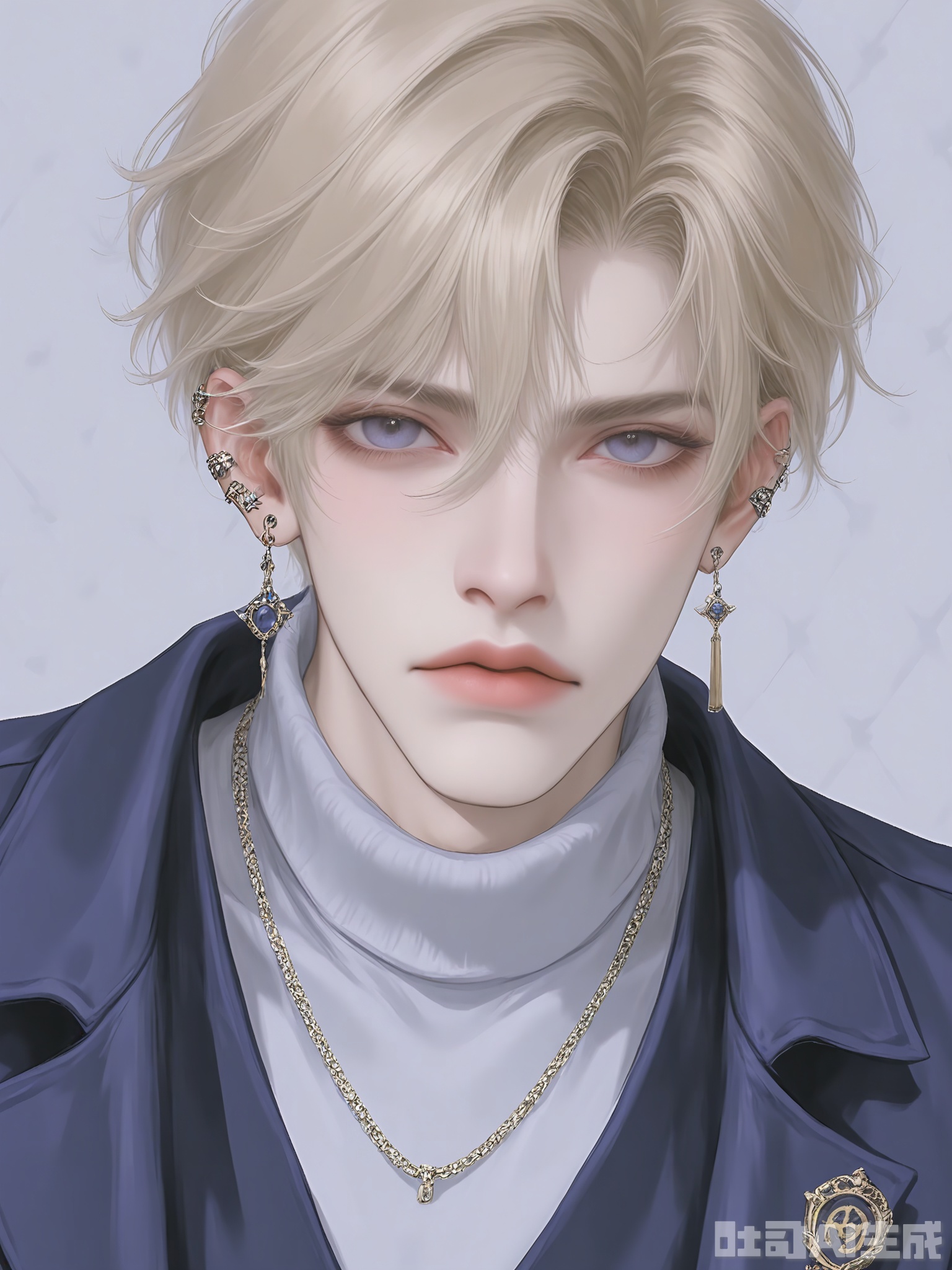 WMNH, A digital illustration of a young man with wavy, sandy blonde hair, fair complexion, and piercing sapphire blue eyes. He has a serious, contemplative expression and is wearing a navy blue blazer over a light gray turtleneck. The blazer has gold buttons and a subtle herringbone pattern. He sports a small blue lapis lazuli earring in one ear. The background is a plain, soft blue. The style is detailed and semi-realistic, focusing on the character's intelligent and thoughtful features.
