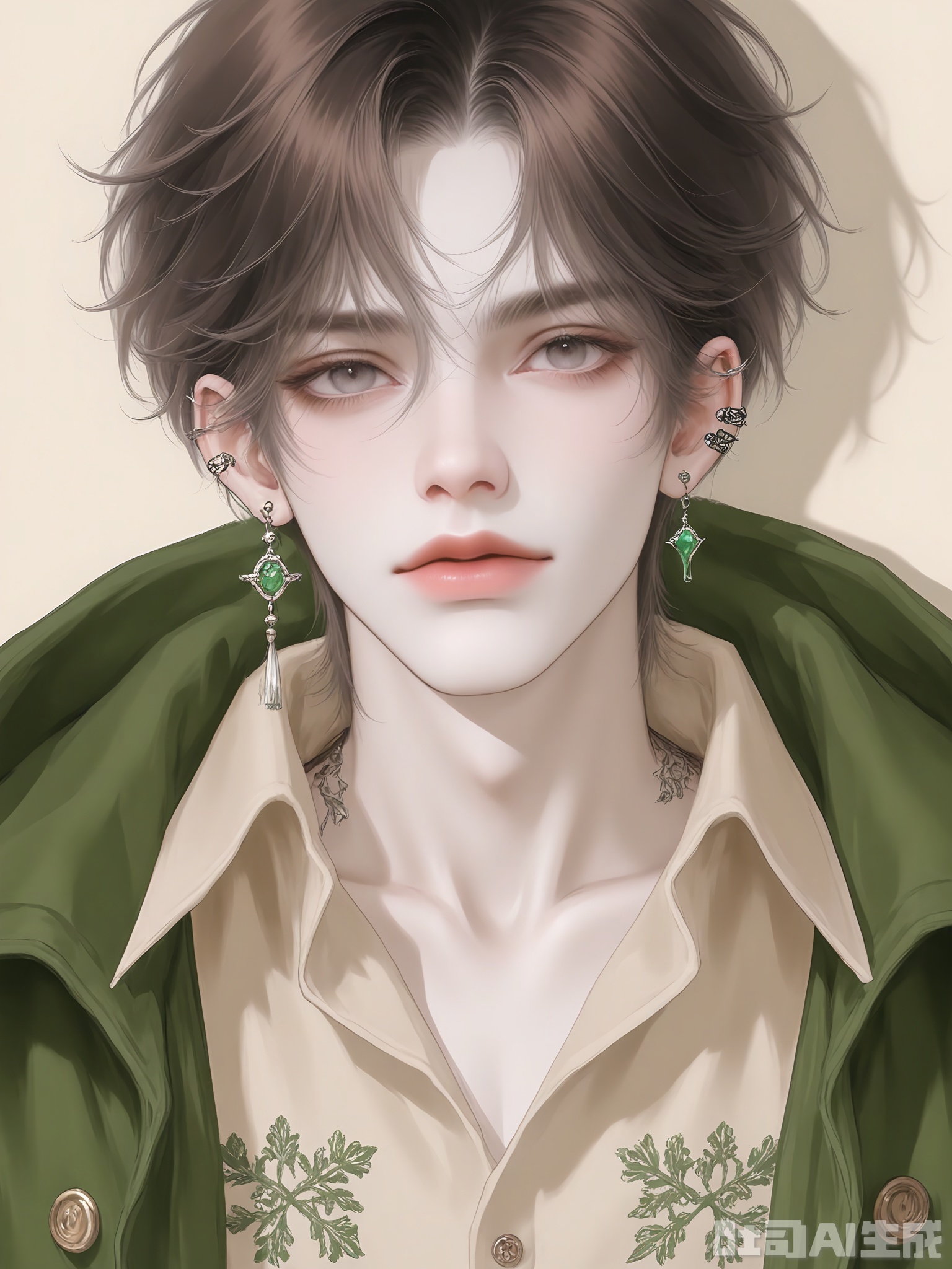 WMNH, A digital illustration of a young man with tousled, dark brown hair, porcelain skin, and piercing gray eyes. He has a calm, introspective expression and is wearing a deep forest green coat over a light beige shirt. The coat has brass buttons and a subtle plaid lining. He sports a small gray moonstone earring in one ear. The background is a plain, soft green. The style is detailed and semi-realistic, highlighting the character's serene and contemplative demeanor.

