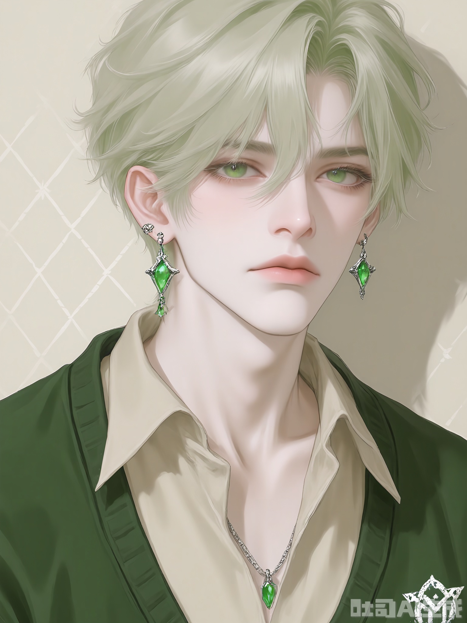 WMNH, A digital illustration of a young man with tousled, light auburn hair, fair complexion, and captivating deep green eyes. He has a serious, contemplative expression and is wearing a dark forest green sweater over a light beige shirt. The sweater has a subtle argyle pattern and silver buttons. He sports a small green jade earring in one ear. The background is a plain, soft moss green. The style is detailed and semi-realistic, focusing on the character's gentle and introspective demeanor.

