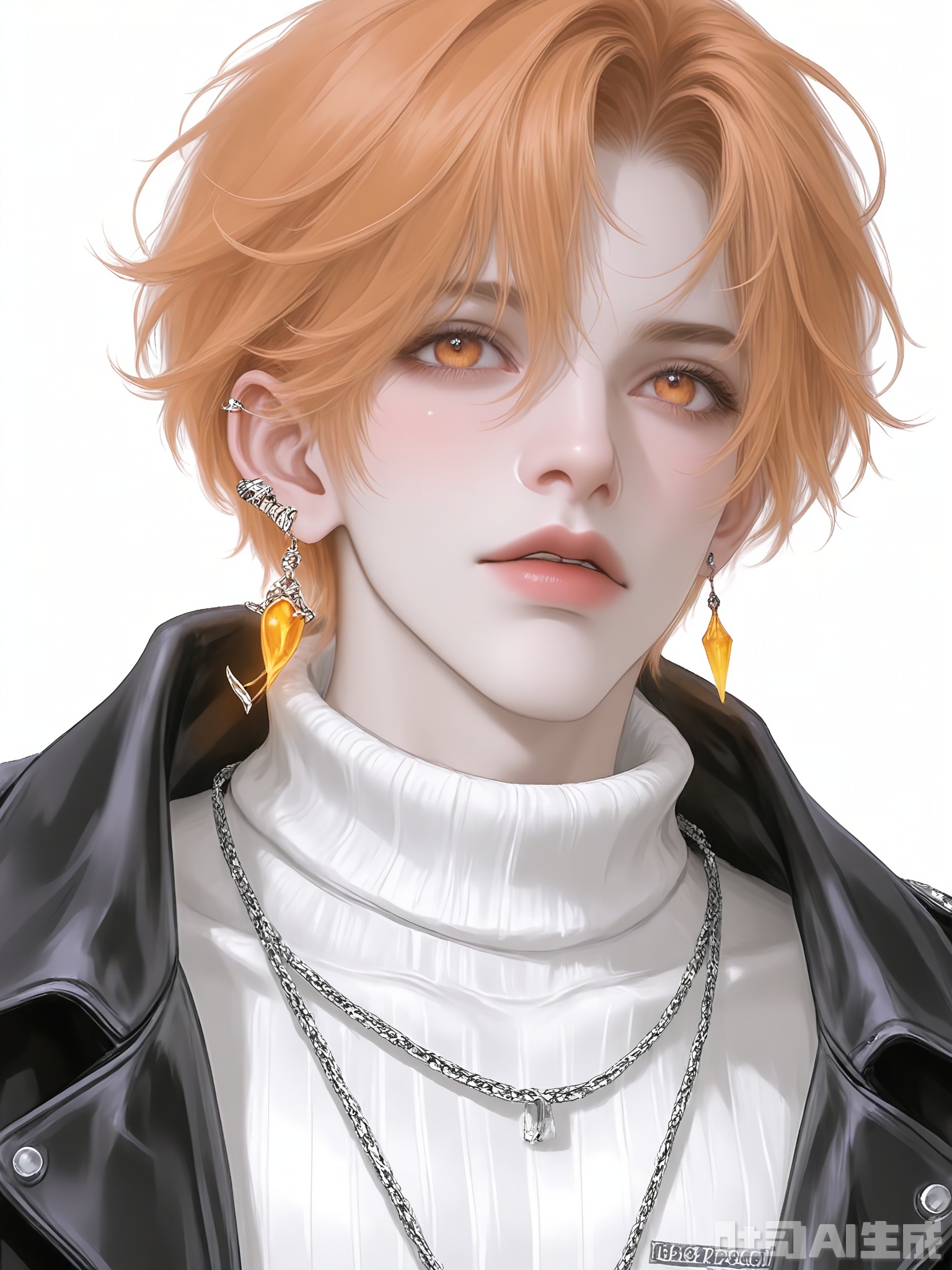 WMNH, A digital illustration of a young man with short, spiky auburn hair, fair complexion, and captivating hazel eyes. He has a determined, focused look and is dressed in a black leather jacket over a white, ribbed turtleneck. The jacket has silver zippers and a small embroidered patch. He wears a small orange citrine earring in one ear. The background is a plain, light peach. The style is detailed and semi-realistic, emphasizing the character's bold and adventurous spirit.

