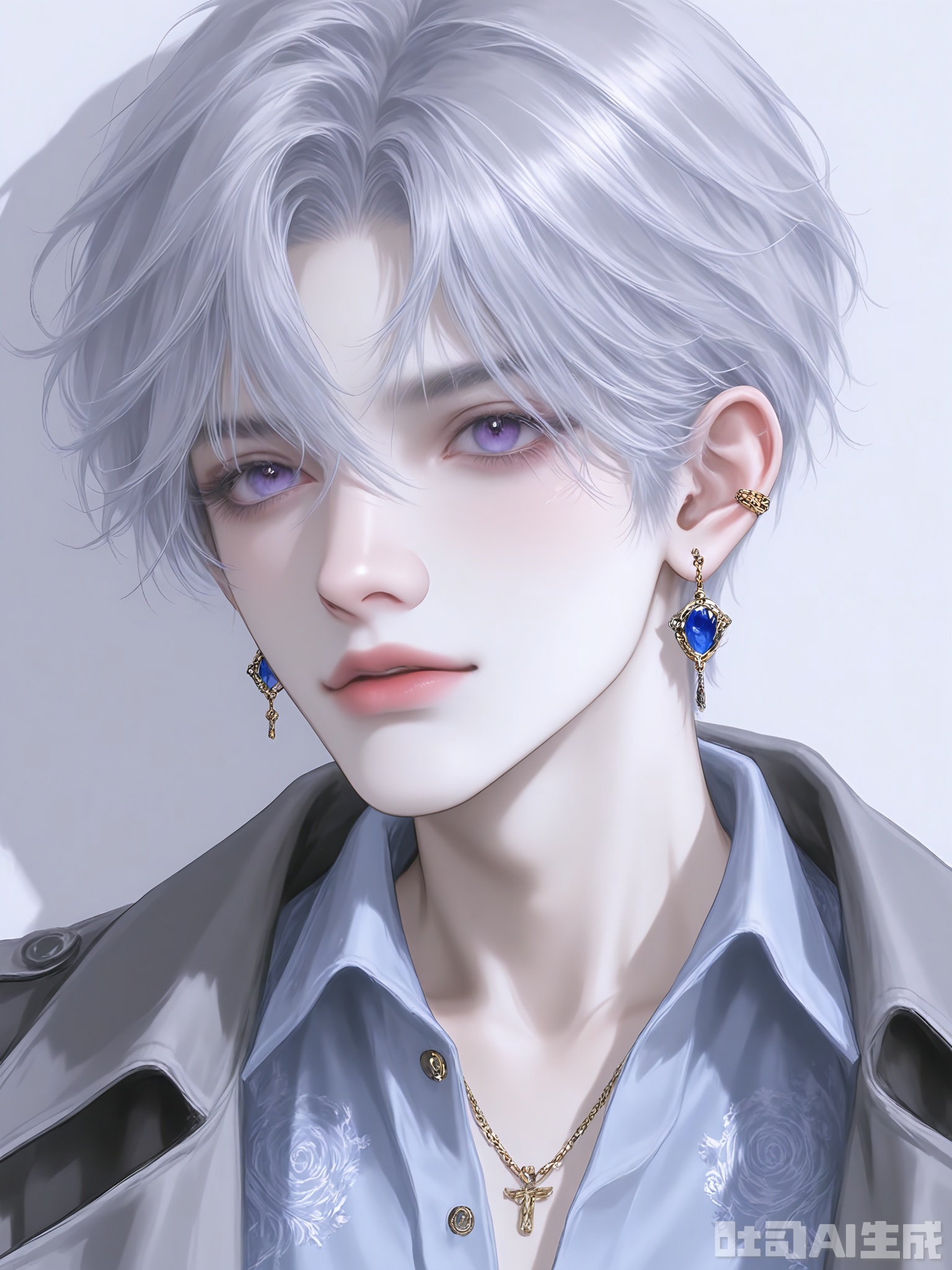 WMNH, A digital illustration of a young man with short, wavy silver hair, porcelain-like skin, and captivating violet eyes. He has a focused, determined look and is dressed in a dark gray trench coat over a light blue shirt. The coat features gold-trimmed buttons and a subtle brocade pattern. He wears a small blue sapphire earring in one ear. The background is a soft, pale blue. The style is detailed and semi-realistic, emphasizing the character's elegant and enigmatic aura.

