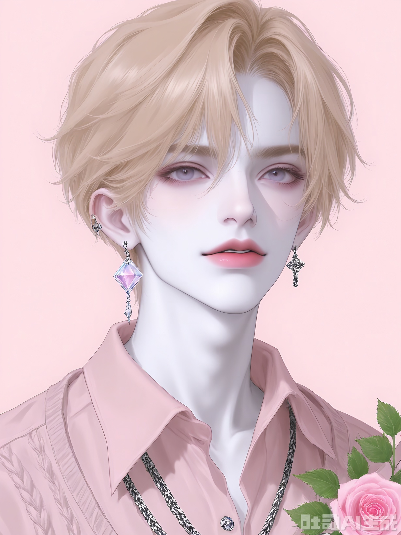 WMNH, A digital illustration of a young man with tousled, strawberry blonde hair, pale skin, and captivating deep blue eyes. He has a thoughtful, pensive expression and is wearing a dark gray sweater over a light pink shirt. The sweater has a subtle cable-knit pattern and silver buttons. He sports a small pink rose quartz earring in one ear. The background is a plain, soft pink. The style is detailed and semi-realistic, emphasizing the character's gentle and sensitive nature.

