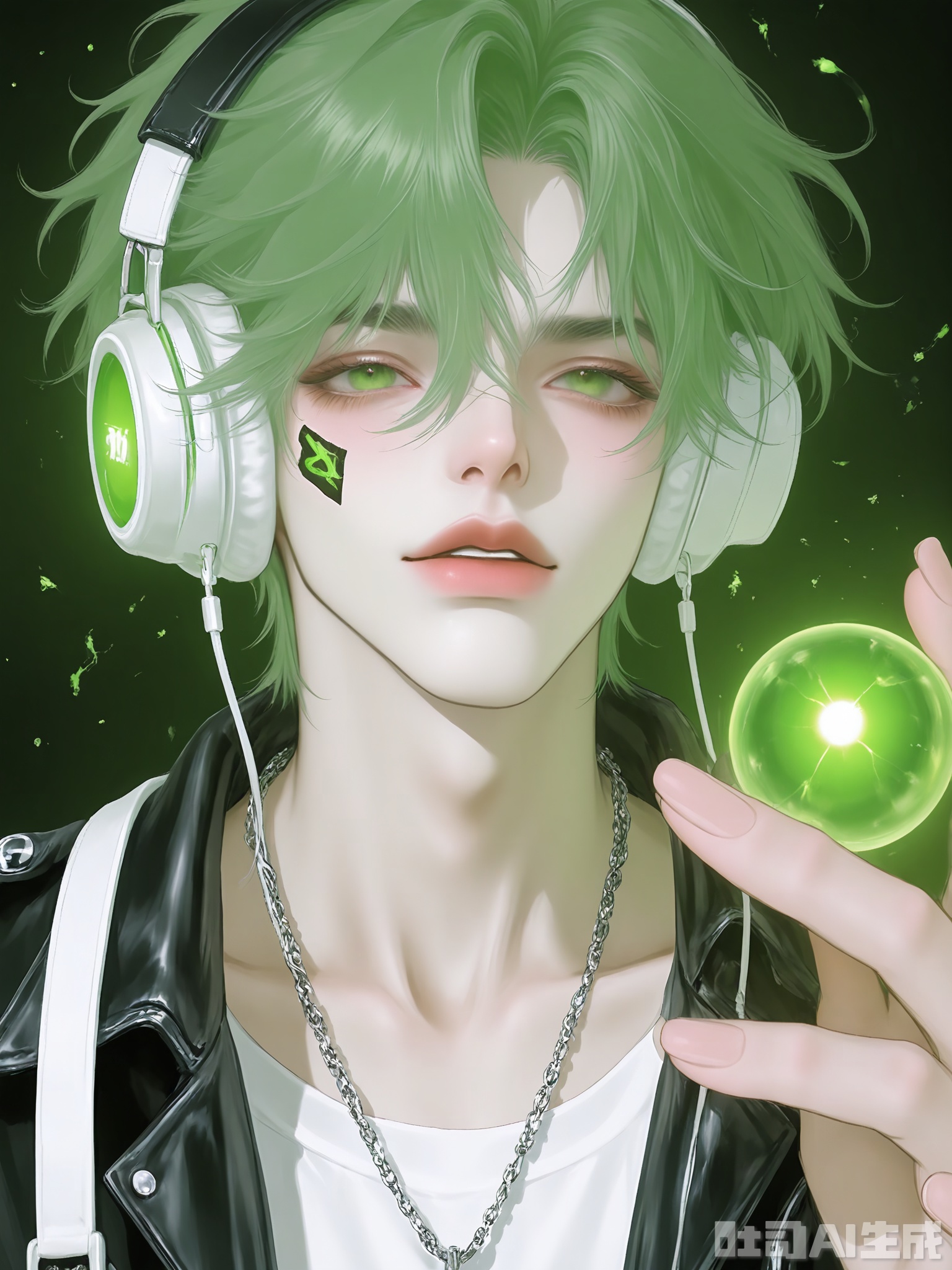 WMNH, Anime-inspired drawing of a boy with mint green hair, donning a black leather jacket with a green lining and white headphones branded "Skullcandy". He has a wiry physique and sports a silver chain necklace. A small lightning bolt tattoo is etched above his right eyebrow, and he holds a glowing green orb. The setting is a plain light yellow. The style is vibrant with bold outlines and dynamic shading.

