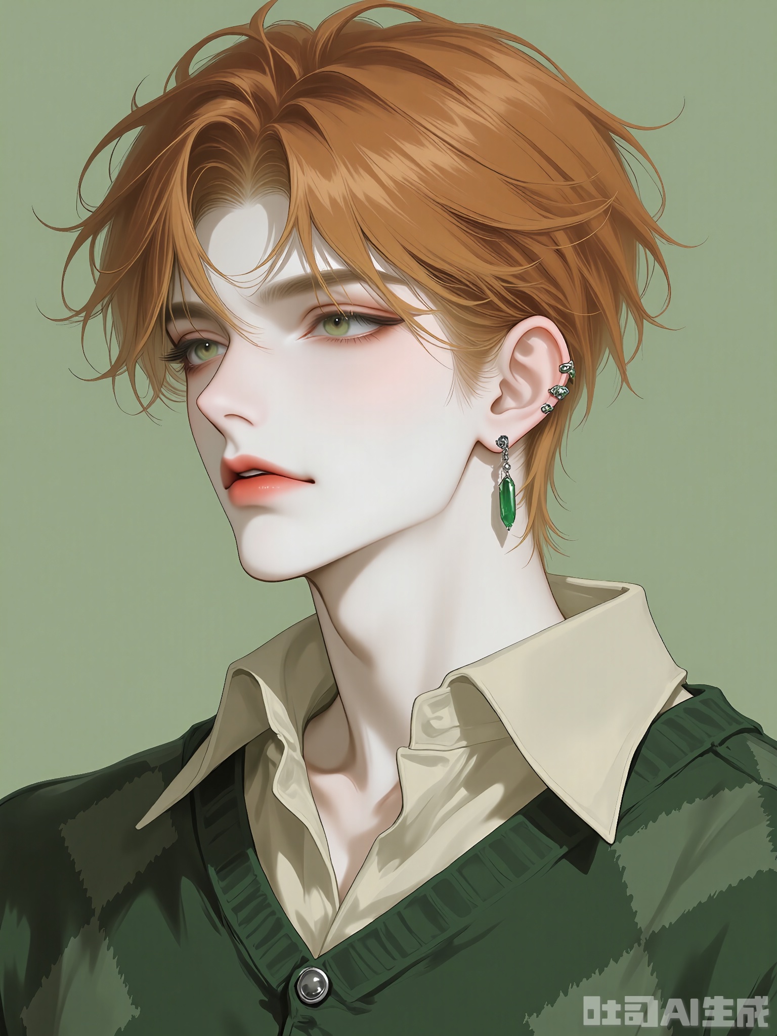 WMNH, A digital illustration of a young man with tousled, light auburn hair, fair complexion, and captivating deep green eyes. He has a serious, contemplative expression and is wearing a dark forest green sweater over a light beige shirt. The sweater has a subtle argyle pattern and silver buttons. He sports a small green jade earring in one ear. The background is a plain, soft moss green. The style is detailed and semi-realistic, focusing on the character's gentle and introspective demeanor.
