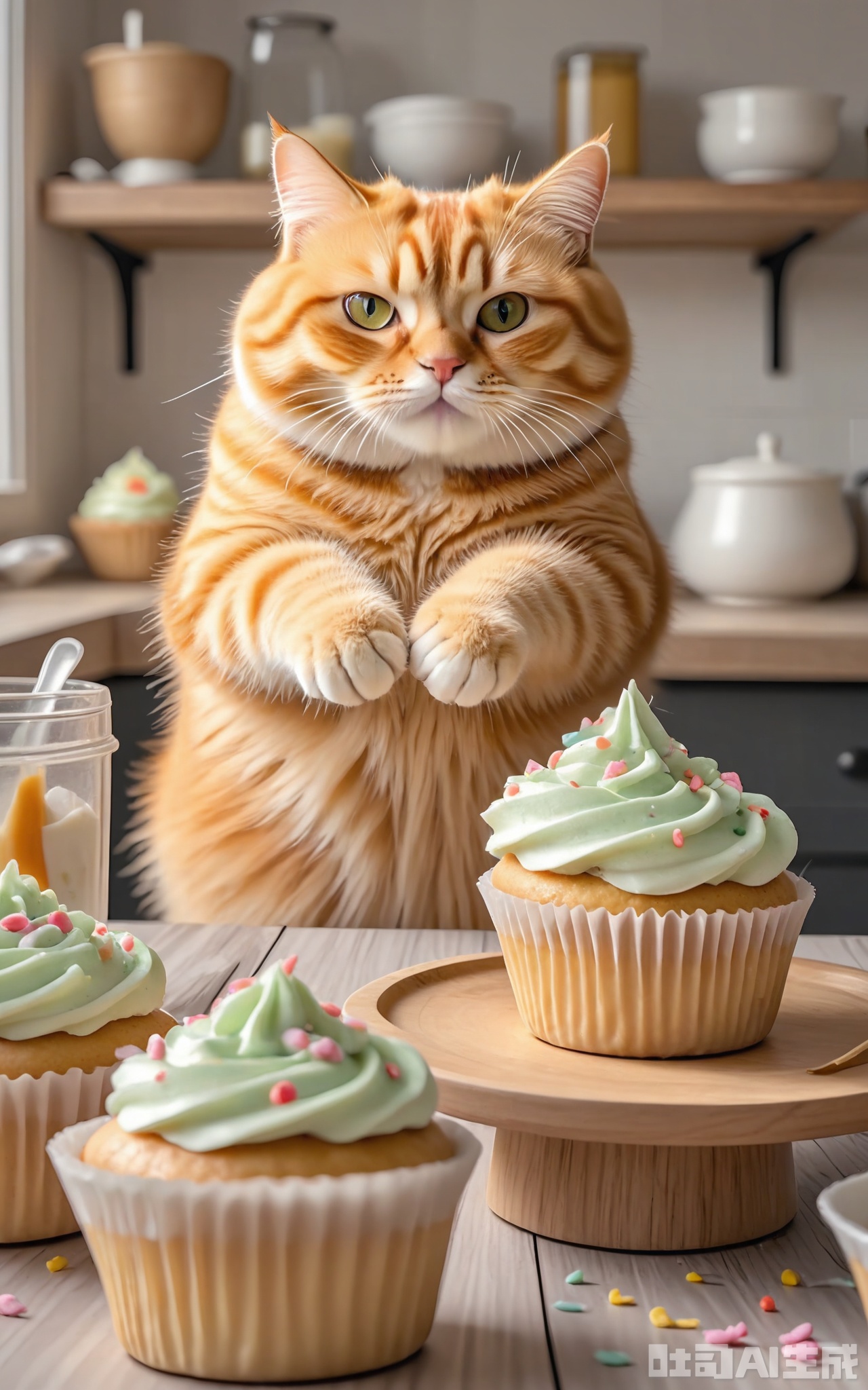 JMZF, Photograph of a ginger tabby cat with green eyes, decorating cupcakes with frosting and sprinkles, standing on a kitchen island covered in parchment paper. The cat's fur is a bright orange with bold tabby patterns, and it has a creative, slightly mischievous look. Behind the cat, there is a tray of baked cupcakes, a bowl of frosting, and a jar of colorful sprinkles. The kitchen has a modern farmhouse style with white shiplap walls and a black farmhouse sink. The lighting is bright and natural, coming from a large window above the sink.

