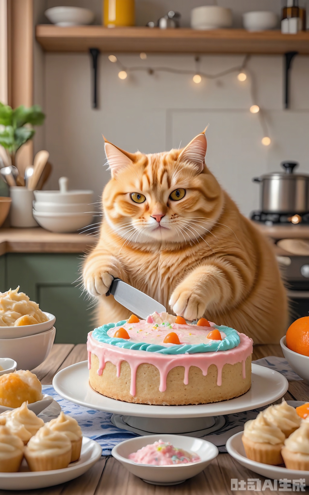 JMZF, Photograph of a ginger tabby cat with hazel-green eyes, frosting a cake with a spatula, standing on a kitchen island covered in a colorful tablecloth. The cat's fur is a warm orange with distinct stripes, and it has a proud, slightly mischievous grin. Behind the cat, there is a layered cake, a bowl of frosting, and a sprinkle of colorful sugar crystals. The kitchen has a bohemian style with eclectic decor and a mix of patterns. The lighting is bright and cheerful, coming from a string of fairy lights draped across the island.

