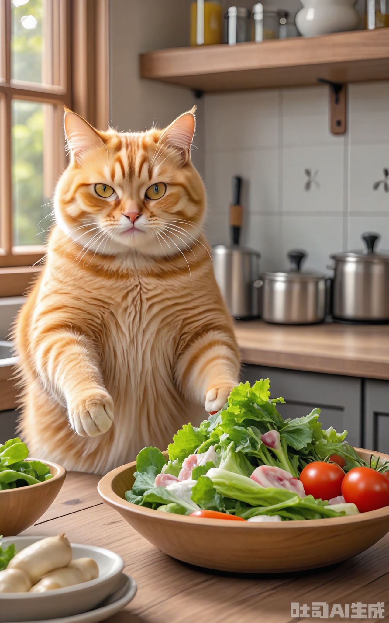 JMZF, Photograph of a ginger tabby cat with yellow-green eyes, making a salad in a large wooden bowl with fresh greens and vegetables, standing on a kitchen counter. The cat's fur is a deep orange with subtle stripes, and it has a healthy, slightly mischievous expression. Behind the cat, there is a head of lettuce, a bunch of cherry tomatoes, and a bottle of balsamic vinegar. The kitchen has a Mediterranean-inspired design with white-washed cabinets and a blue tile backsplash. The lighting is warm and inviting, coming from a window with a view of the garden.

