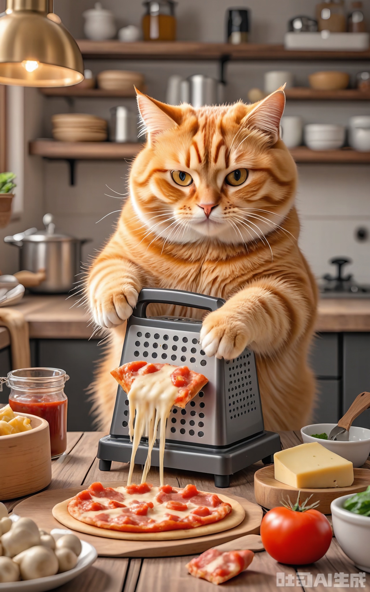 JMZF, Photograph of a ginger tabby cat with hazel eyes, grating cheese onto a pizza with a box grater, standing on a wooden kitchen table. The cat's fur is a deep orange with prominent stripes, and it has a focused, slightly devious expression. Behind the cat, there is a pre-baked pizza crust, a jar of tomato sauce, and a selection of toppings including pepperoni, mushrooms, and bell peppers. The kitchen has a farmhouse style with a butcher block island and open shelving. The lighting is cozy and intimate, coming from a chandelier above the table.


