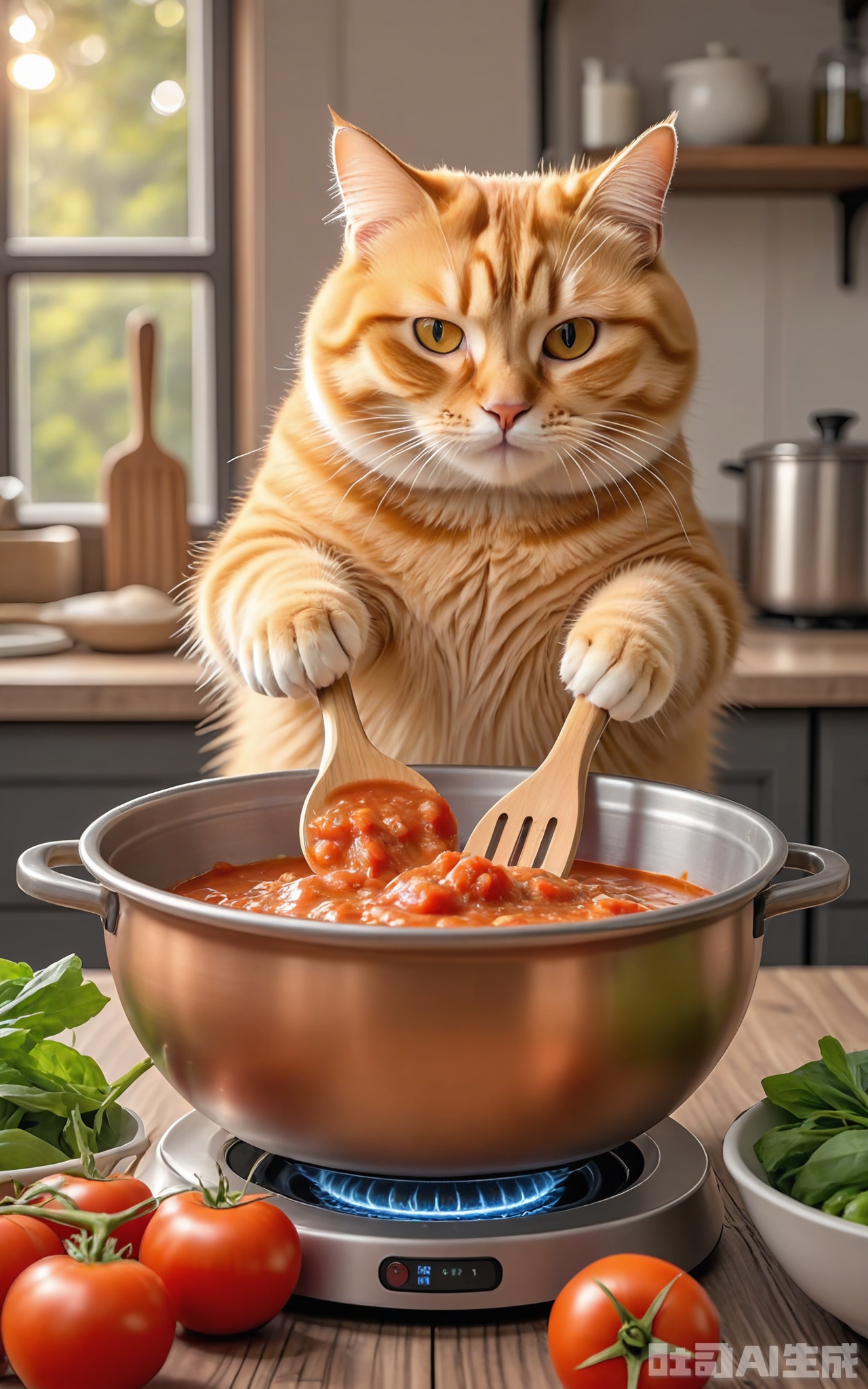 JMZF, Photograph of a ginger tabby cat with amber eyes, stirring a bubbling pot of tomato sauce with a wooden spoon, standing on a tiled kitchen island. The cat's fur is vibrant orange with subtle tabby markings, and it has a determined, slightly smug expression. Behind the cat, there is a stack of fresh basil leaves, a jar of olive oil, and a bowl of grated parmesan cheese. The kitchen has a rustic charm with exposed brick walls and copper pots hanging from a rack. The lighting is warm and inviting, coming from pendant lights above the island.

