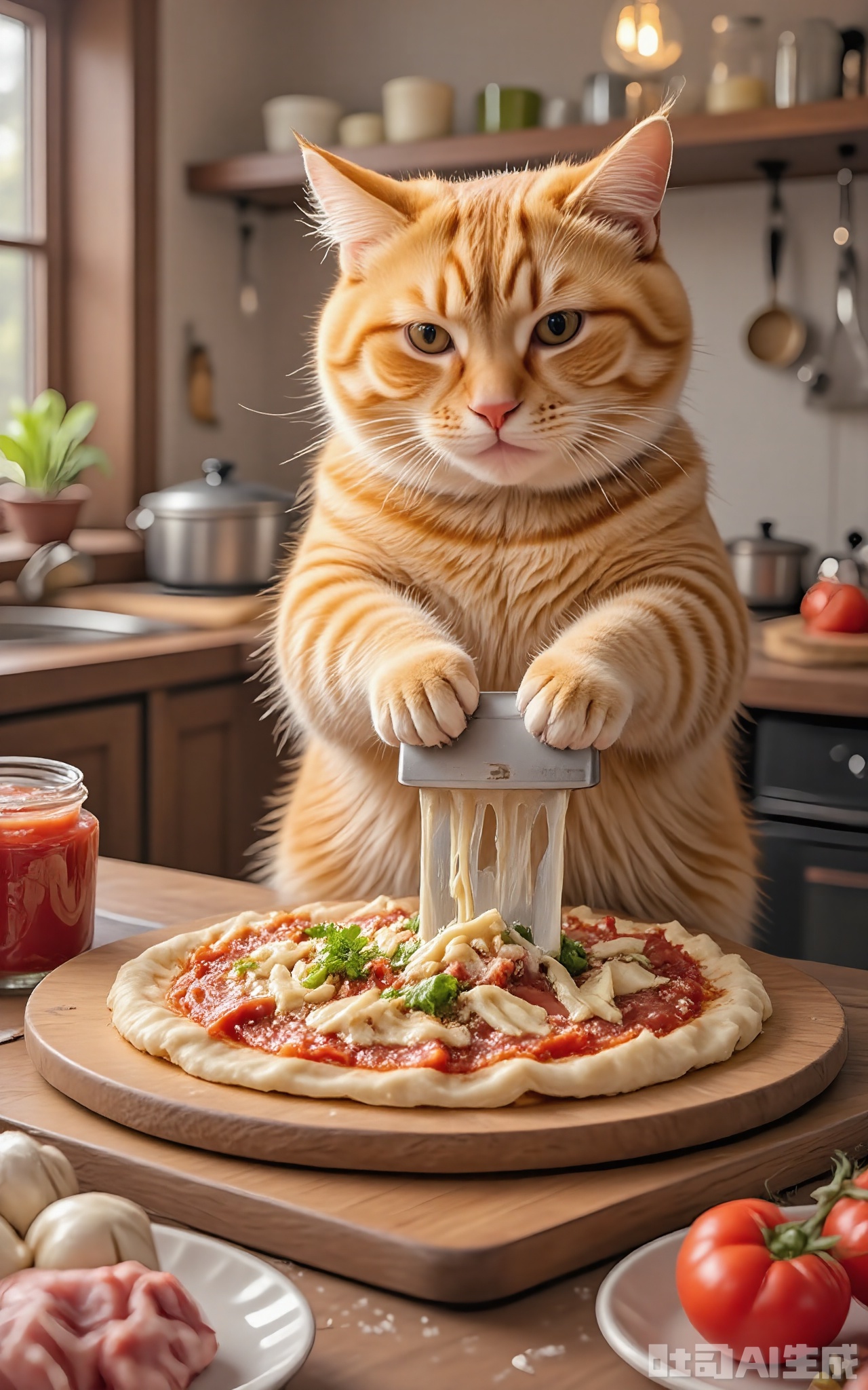 JMZF, Photograph of a ginger tabby cat with hazel eyes, grating cheese onto a pizza with a box grater, standing on a wooden kitchen table. The cat's fur is a deep orange with prominent stripes, and it has a focused, slightly devious expression. Behind the cat, there is a pre-baked pizza crust, a jar of tomato sauce, and a selection of toppings including pepperoni, mushrooms, and bell peppers. The kitchen has a farmhouse style with a butcher block island and open shelving. The lighting is cozy and intimate, coming from a chandelier above the table.
