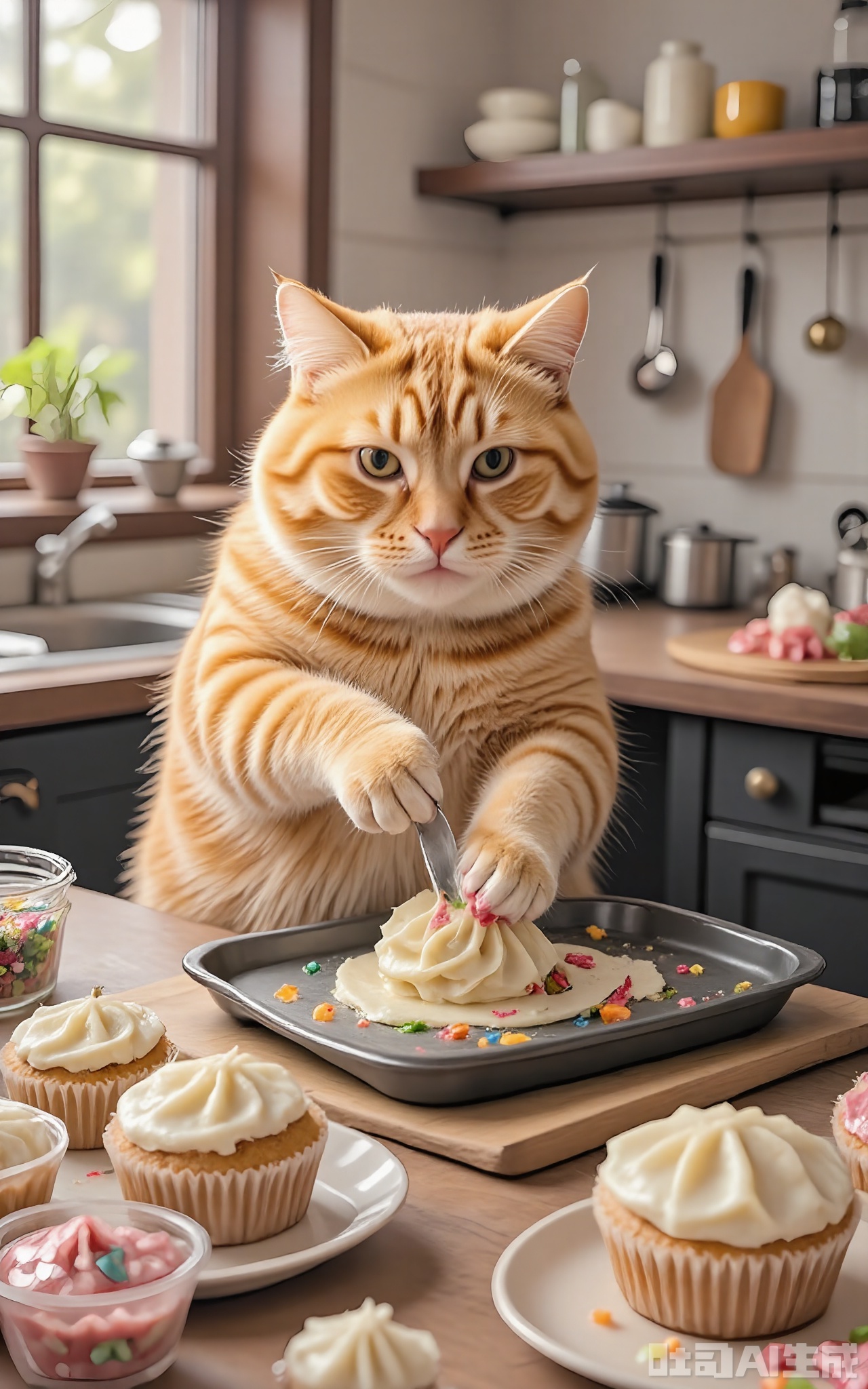 JMZF, Photograph of a ginger tabby cat with green eyes, decorating cupcakes with frosting and sprinkles, standing on a kitchen island covered in parchment paper. The cat's fur is a bright orange with bold tabby patterns, and it has a creative, slightly mischievous look. Behind the cat, there is a tray of baked cupcakes, a bowl of frosting, and a jar of colorful sprinkles. The kitchen has a modern farmhouse style with white shiplap walls and a black farmhouse sink. The lighting is bright and natural, coming from a large window above the sink.
