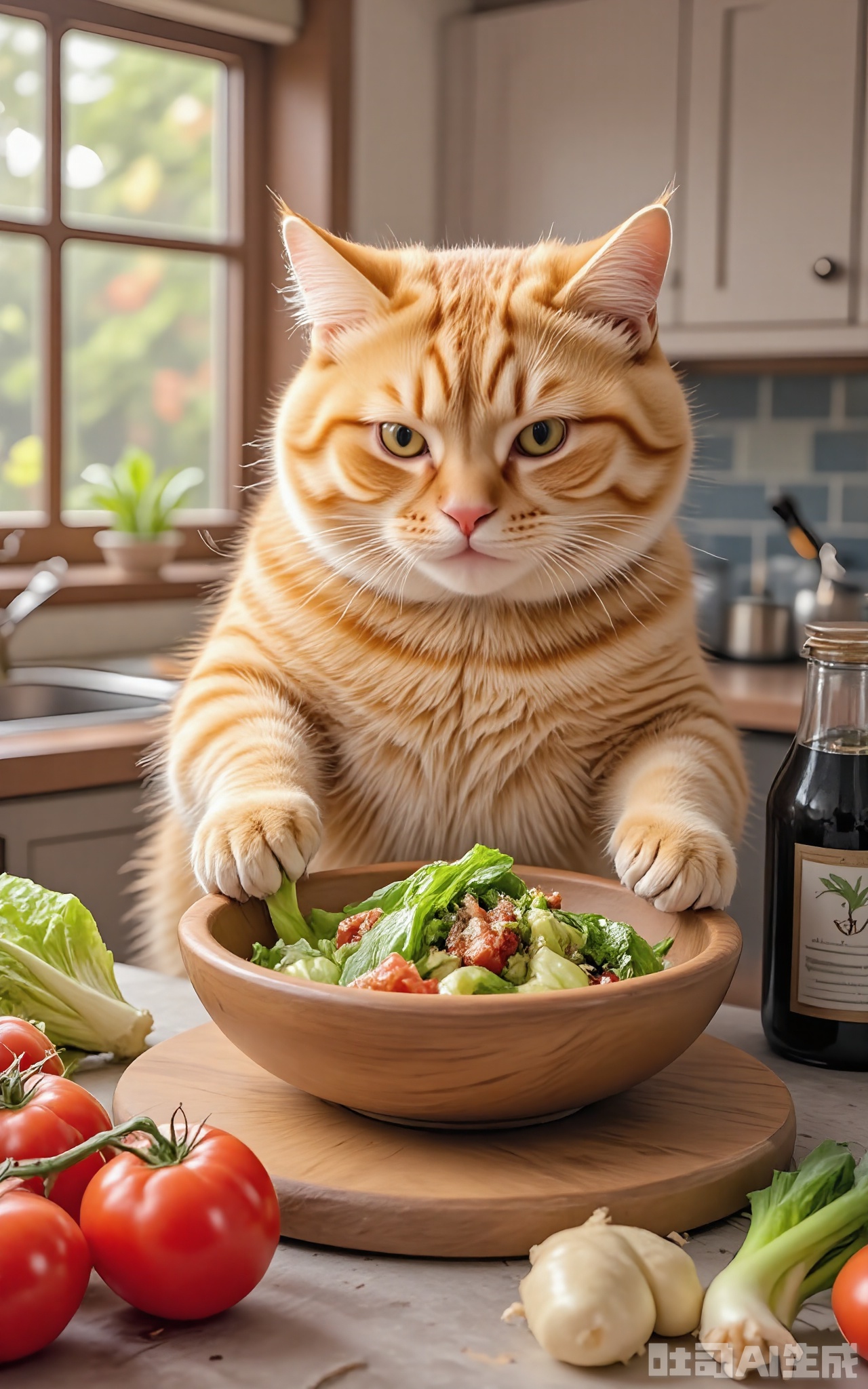 JMZF, Photograph of a ginger tabby cat with yellow-green eyes, making a salad in a large wooden bowl with fresh greens and vegetables, standing on a kitchen counter. The cat's fur is a deep orange with subtle stripes, and it has a healthy, slightly mischievous expression. Behind the cat, there is a head of lettuce, a bunch of cherry tomatoes, and a bottle of balsamic vinegar. The kitchen has a Mediterranean-inspired design with white-washed cabinets and a blue tile backsplash. The lighting is warm and inviting, coming from a window with a view of the garden.
