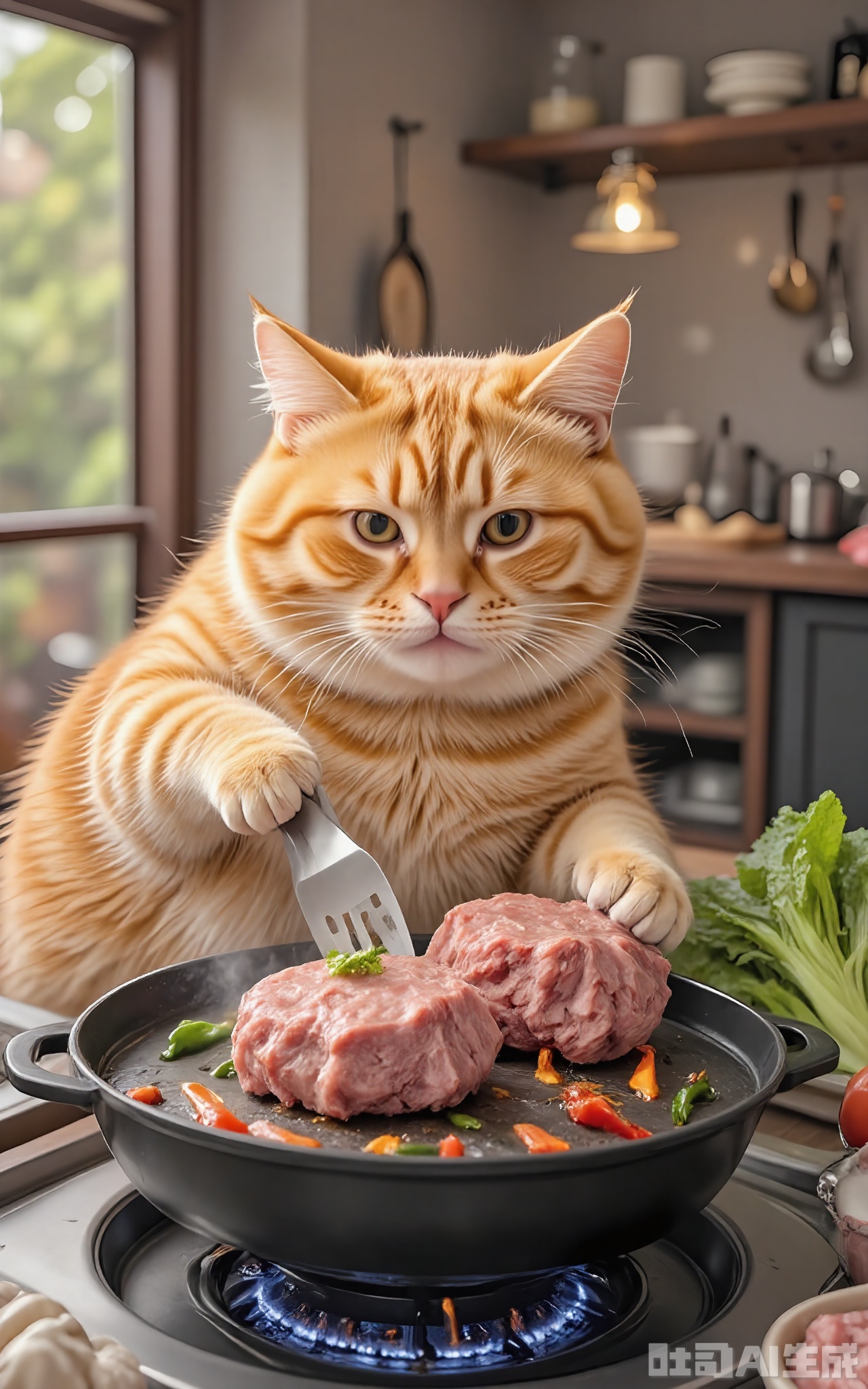 JMZF, Photograph of a ginger tabby cat with amber eyes, grilling burgers on an outdoor grill, wearing a tiny apron and holding tongs, standing on a patio near the kitchen. The cat's fur is a bright orange with bold tabby patterns, and it has a confident, slightly mischievous look. Behind the cat, there is a plate of cooked burgers, a bunch of lettuce, and a jar of mayonnaise. The kitchen has an open-concept design with large sliding glass doors leading to the patio. The lighting is natural and sunny, coming from the outdoor setting.
