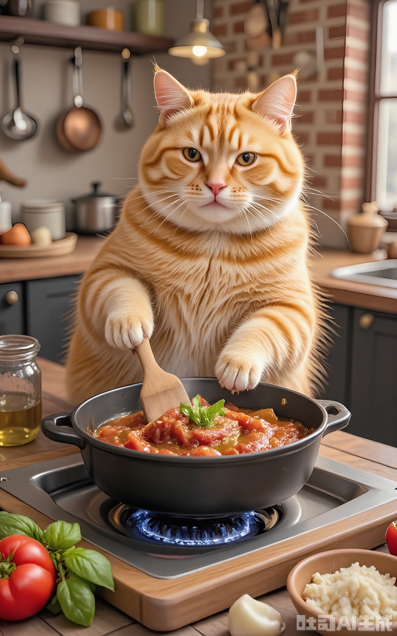 JMZF, Photograph of a ginger tabby cat with amber eyes, stirring a bubbling pot of tomato sauce with a wooden spoon, standing on a tiled kitchen island. The cat's fur is vibrant orange with subtle tabby markings, and it has a determined, slightly smug expression. Behind the cat, there is a stack of fresh basil leaves, a jar of olive oil, and a bowl of grated parmesan cheese. The kitchen has a rustic charm with exposed brick walls and copper pots hanging from a rack. The lighting is warm and inviting, coming from pendant lights above the island.
