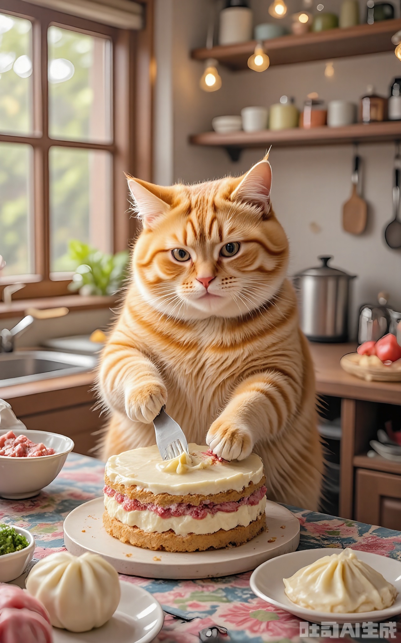 JMZF, Photograph of a ginger tabby cat with hazel-green eyes, frosting a cake with a spatula, standing on a kitchen island covered in a colorful tablecloth. The cat's fur is a warm orange with distinct stripes, and it has a proud, slightly mischievous grin. Behind the cat, there is a layered cake, a bowl of frosting, and a sprinkle of colorful sugar crystals. The kitchen has a bohemian style with eclectic decor and a mix of patterns. The lighting is bright and cheerful, coming from a string of fairy lights draped across the island.
