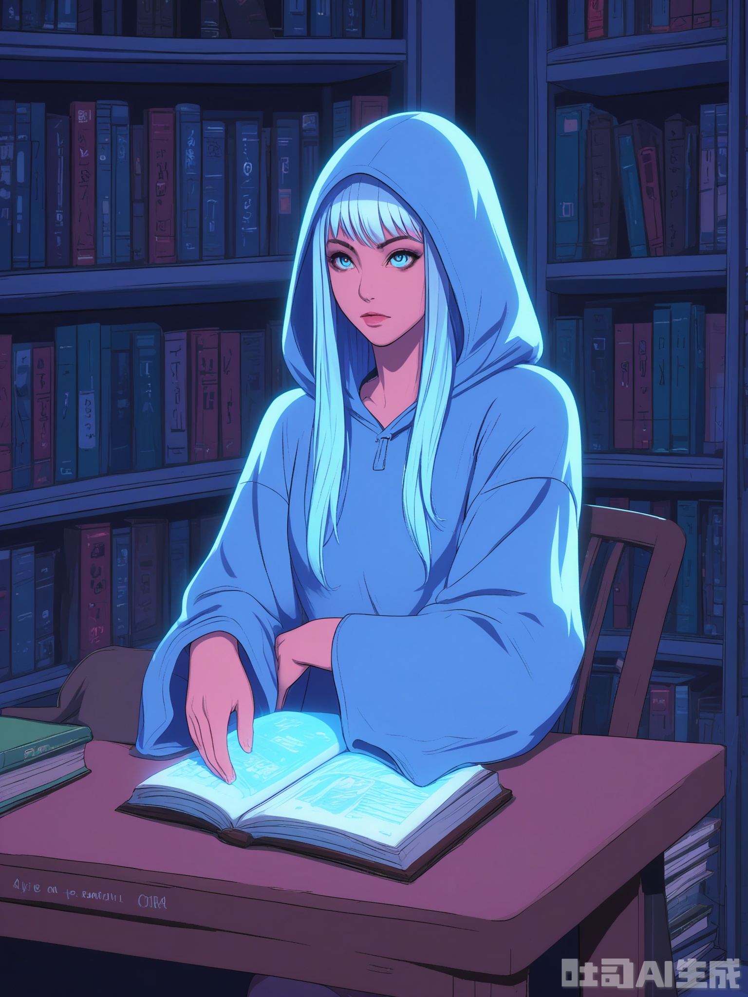 PKSN, Anime-style digital artwork of a young woman with long, straight white hair with blue streaks, wearing a black and blue cybernetic robe with a hood. She is sitting in a futuristic library with her legs crossed and her hands on a glowing book, as if studying ancient knowledge. Neon blue and white lights from the holographic displays and the glowing shelves around her create a serene, intellectual atmosphere. The setting is filled with other books, scrolls, and advanced technology. The woman has a wise, contemplative expression and is looking at the book. The artwork has a sense of mystery and discovery with a focus on intricate details and cool colors.
