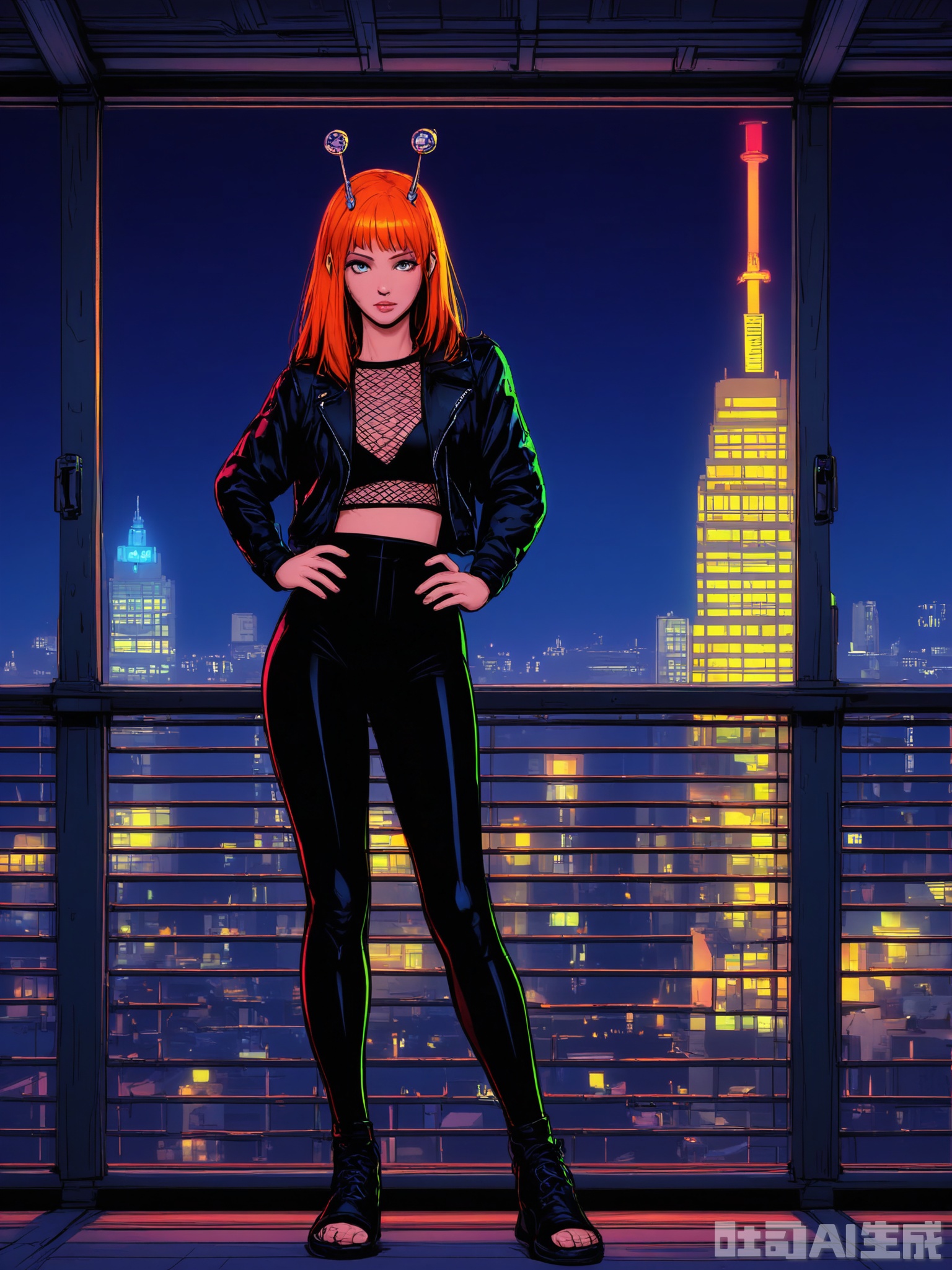 PKSN, Anime-style digital artwork of a young woman with short, spiky orange hair with black streaks, wearing a black leather biker jacket over a mesh top and ripped black leggings. She is standing on a rooftop with her hands on her hips and her feet apart, as if claiming her territory. Neon orange and blue lights from the city skyline and the nearby neon signs create a vibrant, urban backdrop. The setting is filled with other buildings, antennas, and satellite dishes. The woman has a tough, independent attitude and is looking out into the distance. The artwork has a gritty, realistic feel with a focus on texture and detail.
