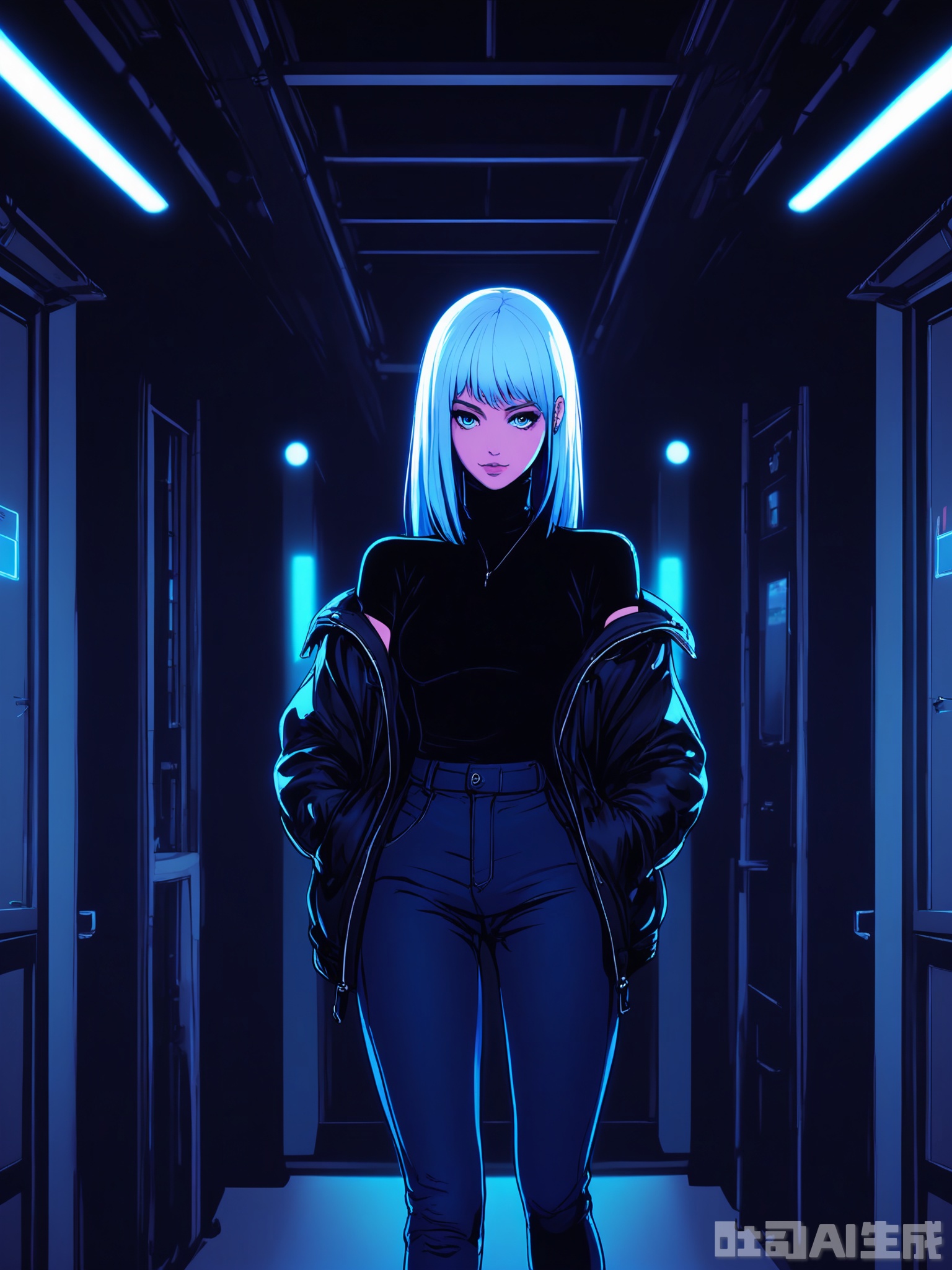 PKSN, Anime-style digital artwork of a young woman with short, spiky white hair with blue streaks, wearing a black leather jacket over a white turtleneck and black skinny jeans. She is walking down a futuristic corridor with her hands in her pockets and her head slightly tilted. Neon blue and white lights from the overhead fixtures and the glowing panels on the walls create a cold, sterile environment. The setting is a high-tech facility with sleek, minimalist design elements. The woman has a calm, collected demeanor and is looking straight ahead. The artwork has a sophisticated, modern look with a focus on clean lines and monochromatic colors with pops of neon.
