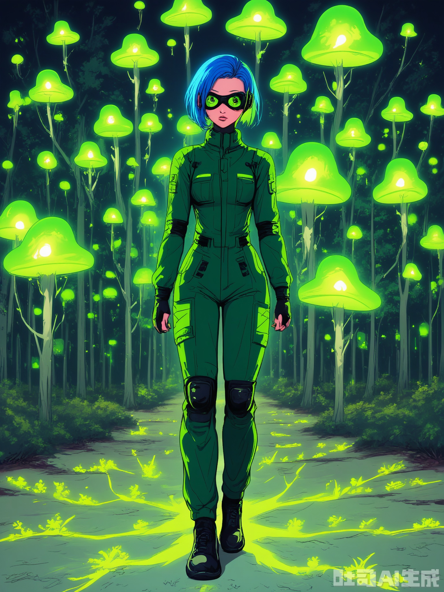 PKSN, Anime-style digital artwork of a young woman with short, pixie-cut blue hair with green streaks, wearing a black and green cybernetic jumpsuit with high-tech goggles on her forehead. She is running through a futuristic forest with her arms pumping and her legs striding, as if chasing after something. Neon green and blue lights from the bioluminescent plants and the floating drones around her create a surreal, natural environment. The setting is filled with towering trees, glowing mushrooms, and other exotic flora and fauna. The woman has a determined, excited expression and is looking ahead. The artwork has a sense of adventure and exploration with a focus on dynamic movement and vivid colors.
