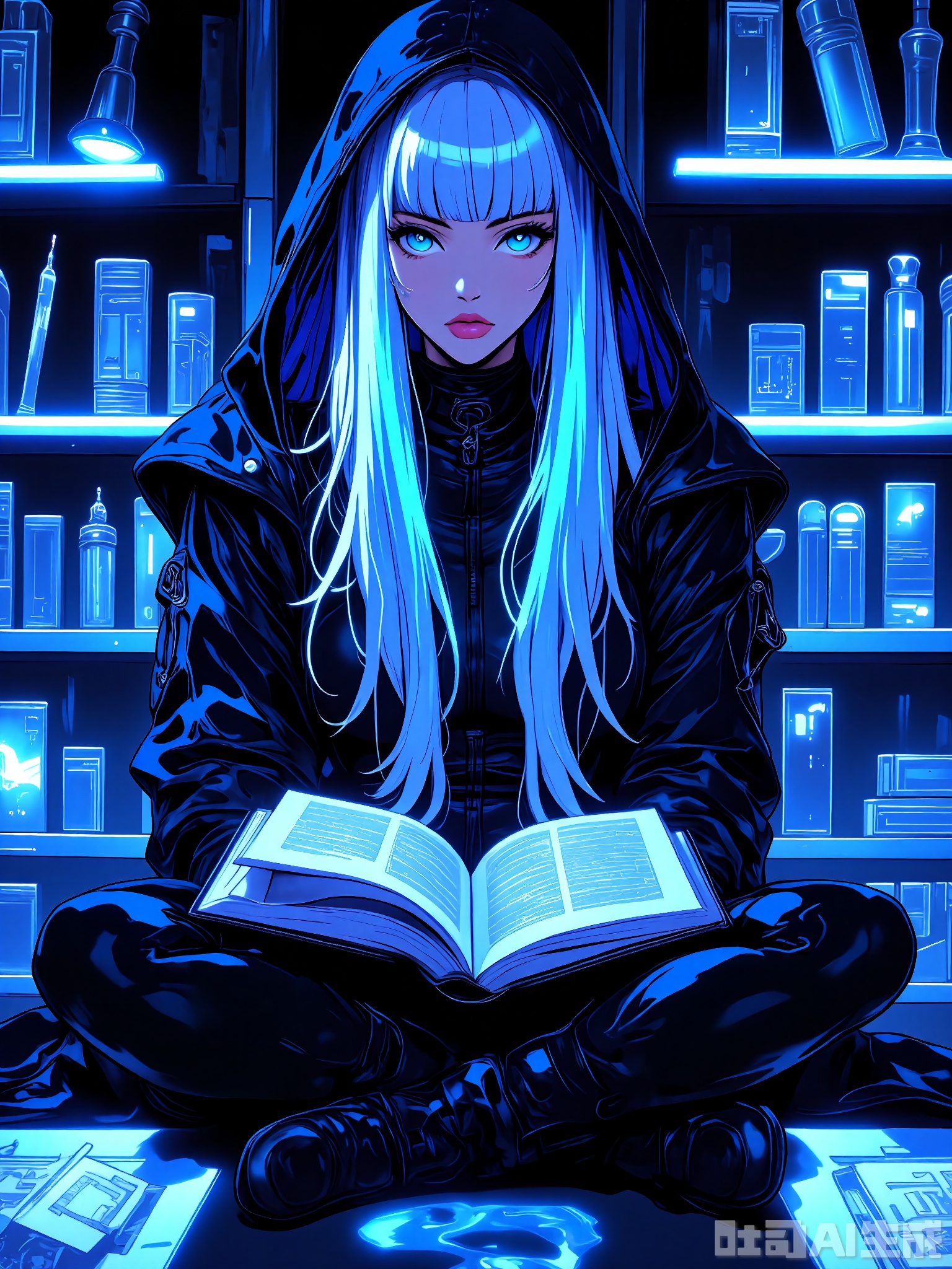 PKSN, Anime-style digital artwork of a young woman with long, straight white hair with blue streaks, wearing a black and blue cybernetic robe with a hood. She is sitting in a futuristic library with her legs crossed and her hands on a glowing book, as if studying ancient knowledge. Neon blue and white lights from the holographic displays and the glowing shelves around her create a serene, intellectual atmosphere. The setting is filled with other books, scrolls, and advanced technology. The woman has a wise, contemplative expression and is looking at the book. The artwork has a sense of mystery and discovery with a focus on intricate details and cool colors.
